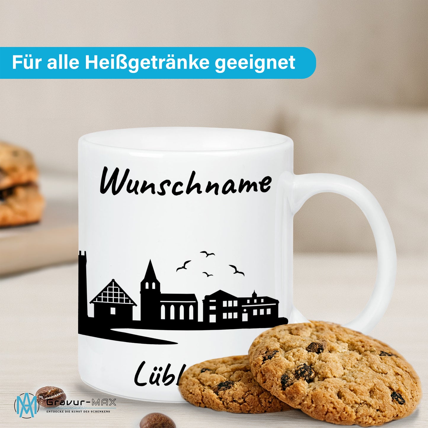 Tasse in Weiß 330ml bedruckt mit der Skyline von Lübbecke personalisierbar mit Wunschname