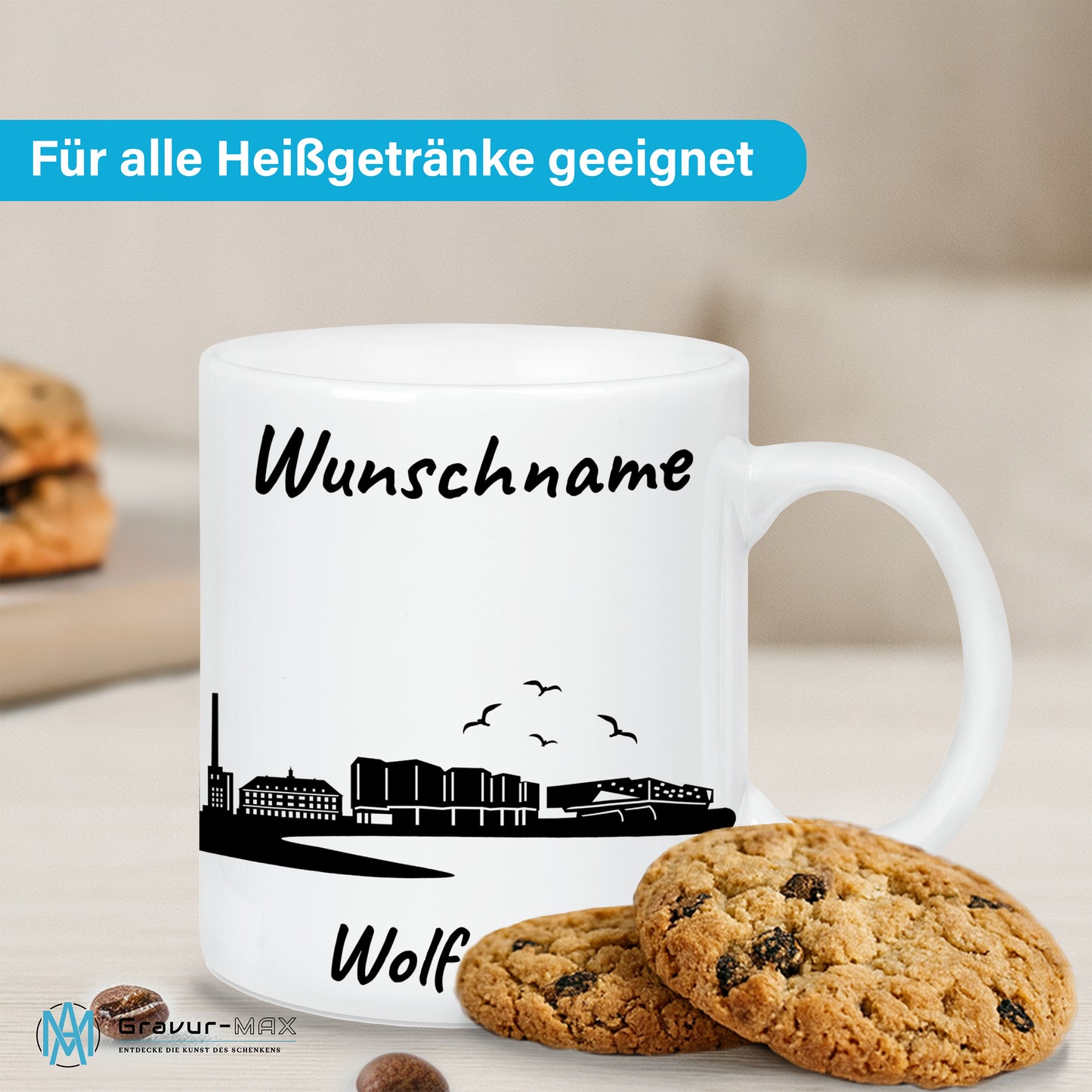 Tasse in Weiß 330ml bedruckt mit der Skyline von Wolfsburg personalisierbar mit Wunschname