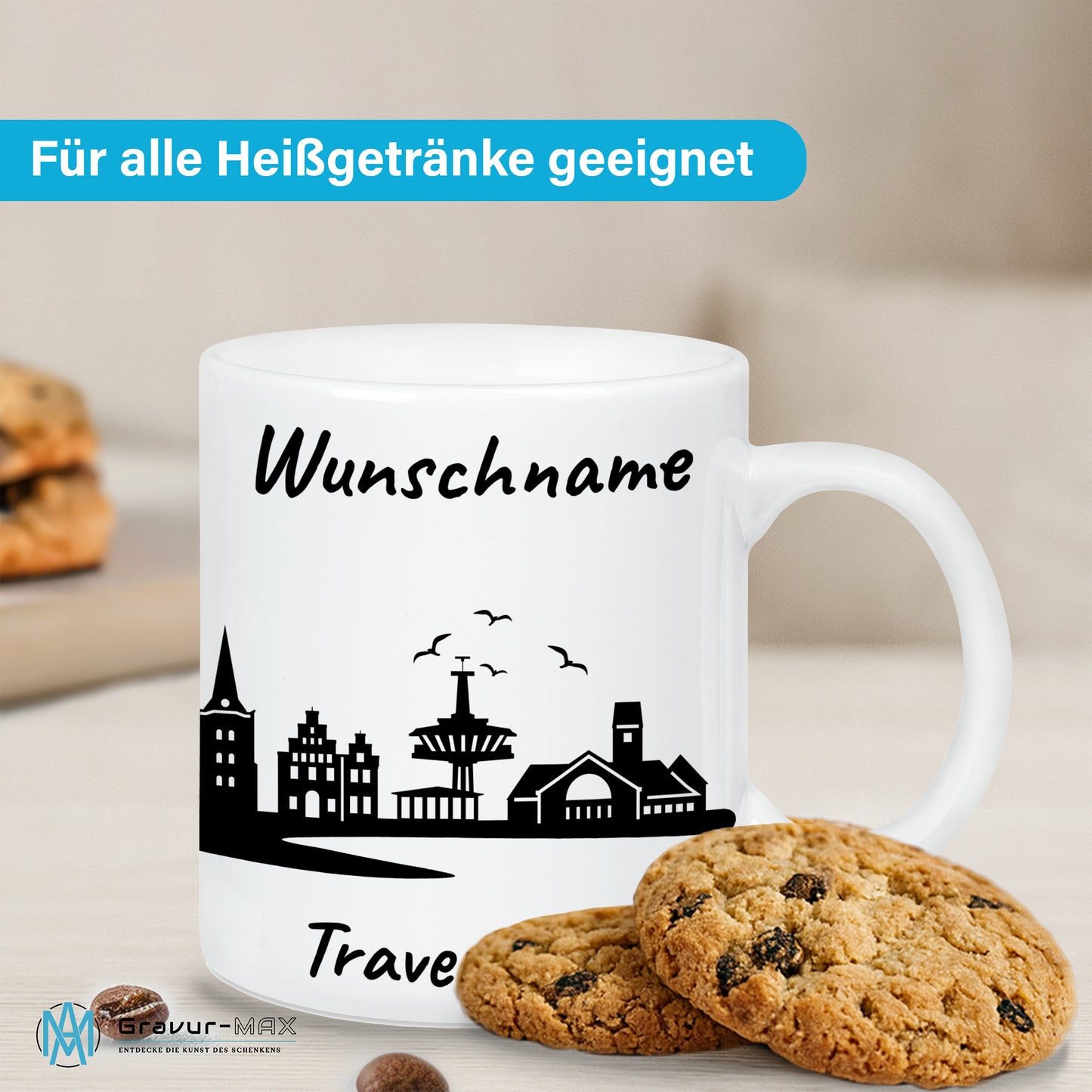 Tasse in Weiß 330ml bedruckt mit der Skyline von Travemünde personalisierbar mit Wunschname