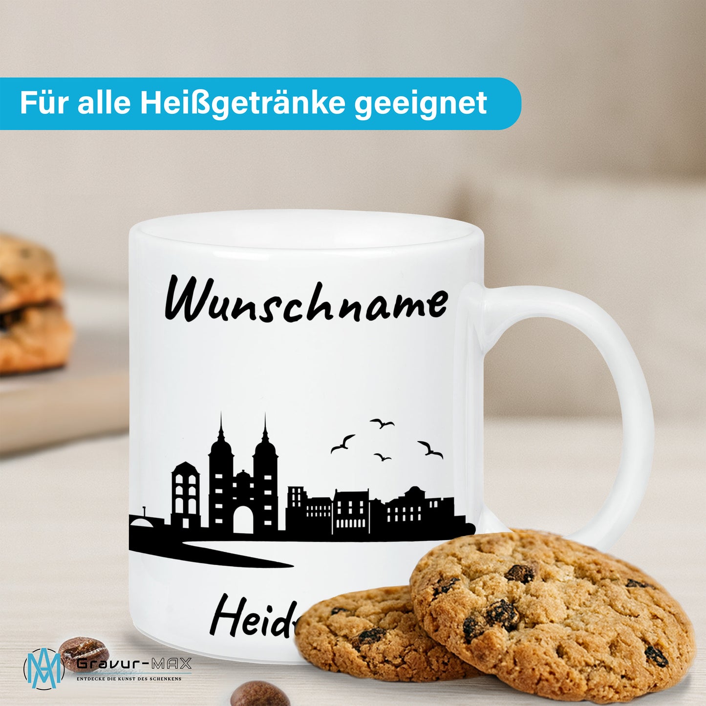 Tasse in Weiß 330ml bedruckt mit der Skyline von Heidelberg personalisierbar mit Wunschname