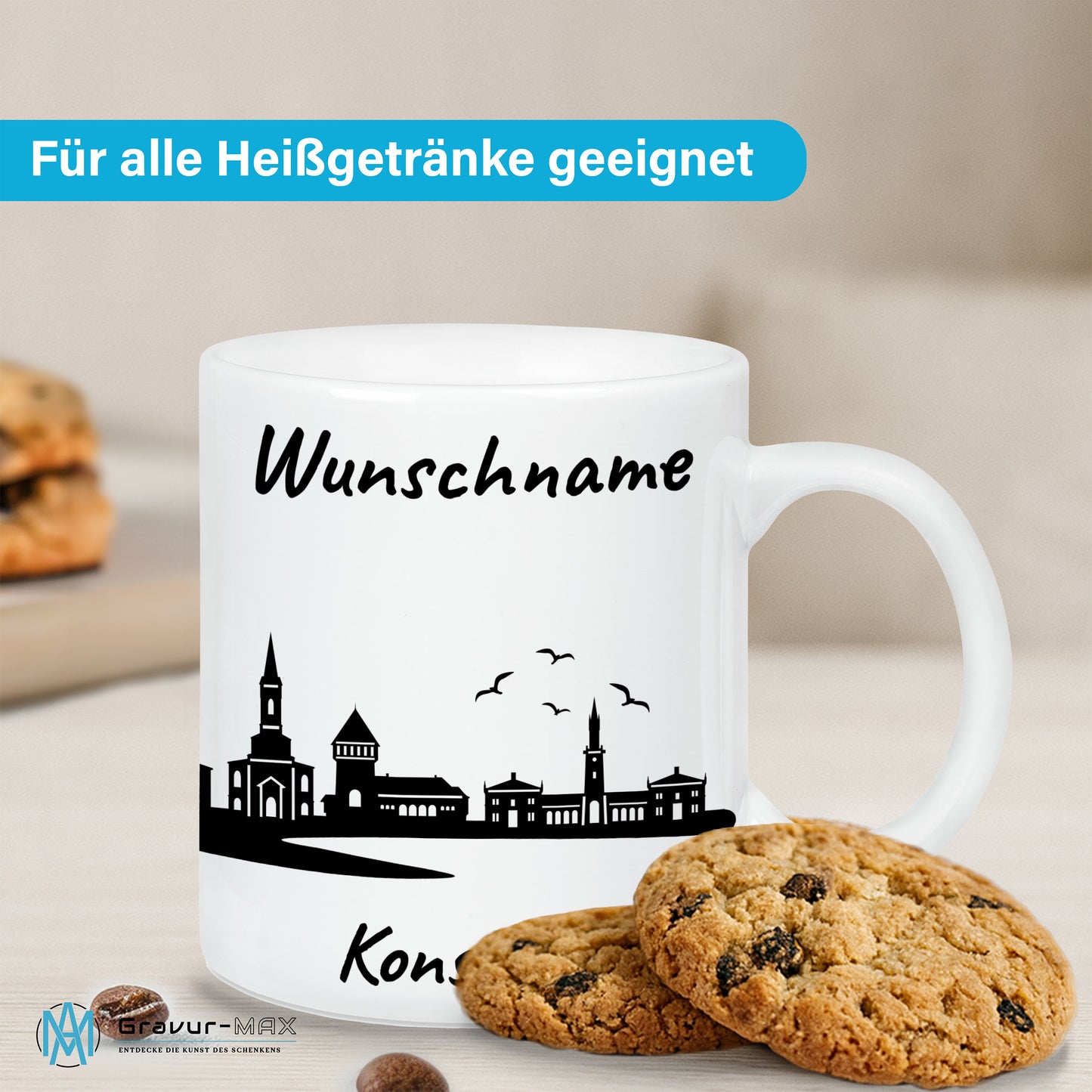 Tasse in Weiß 330ml bedruckt mit der Skyline von Konstanz personalisierbar mit Wunschname