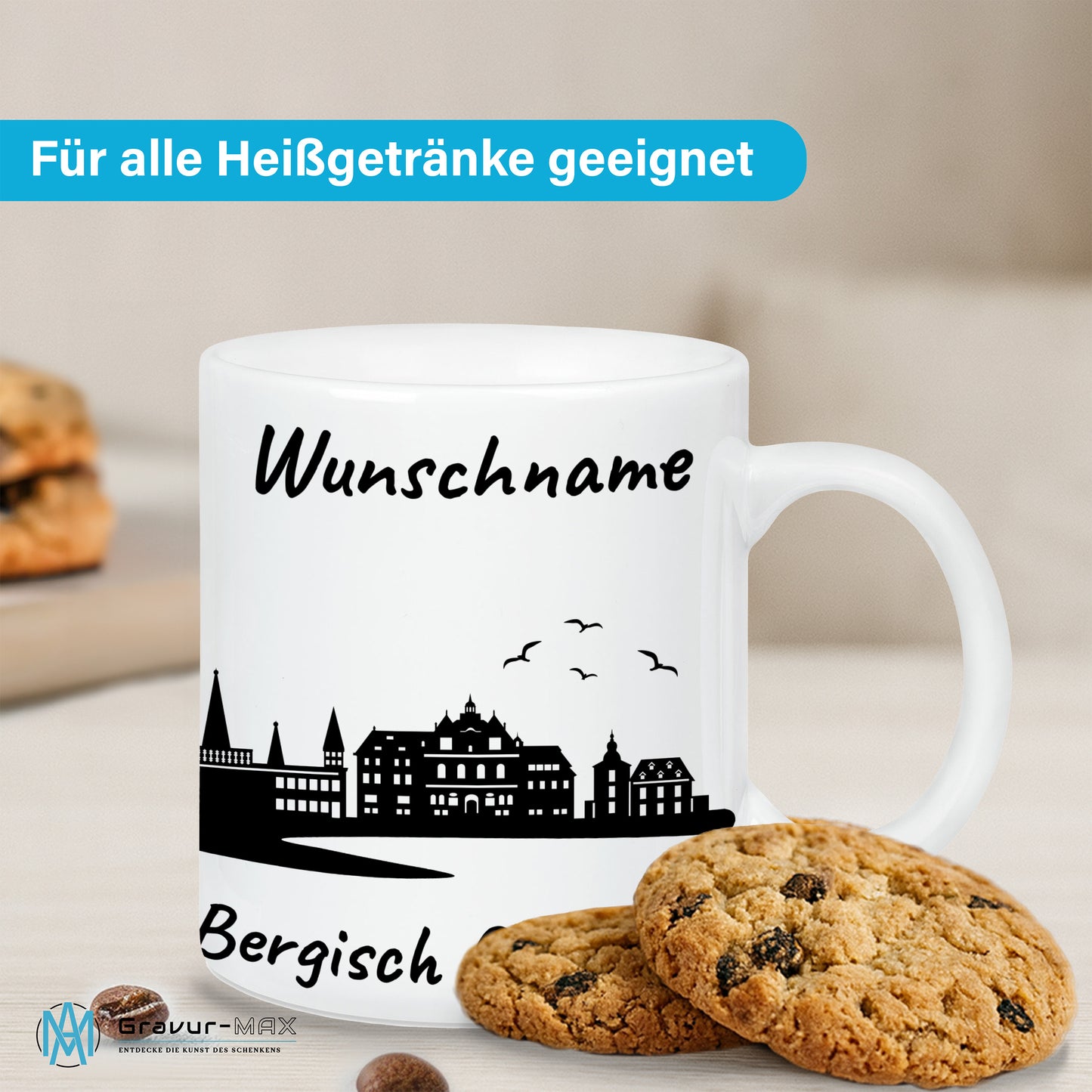 Tasse in Weiß 330ml bedruckt mit der Skyline von Bergisch Gladbach personalisierbar mit Wunschname