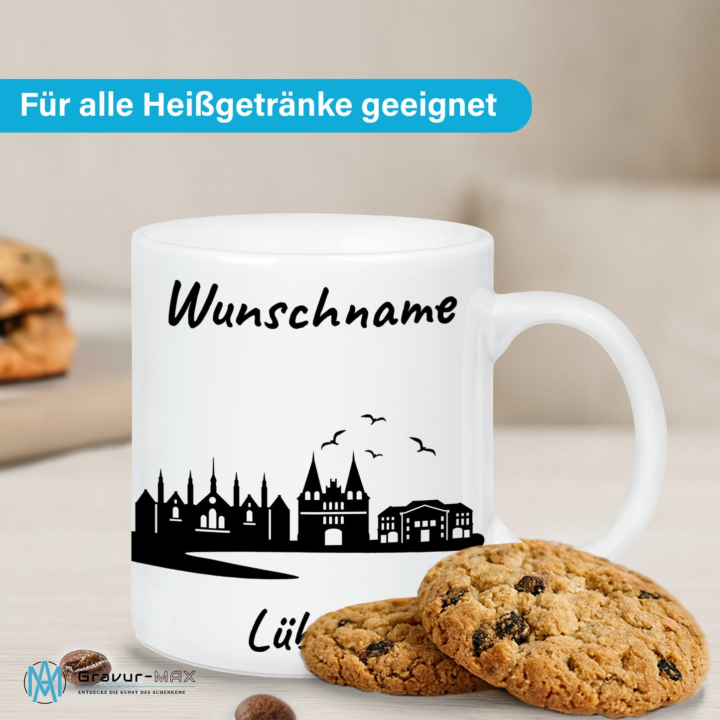 Tasse in Weiß 330ml bedruckt mit der Skyline von Lübeck personalisierbar mit Wunschname