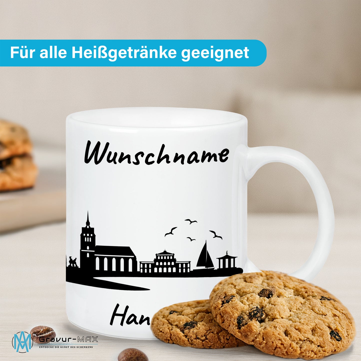 Tasse in Weiß 330ml bedruckt mit der Skyline von Hannover personalisierbar mit Wunschname
