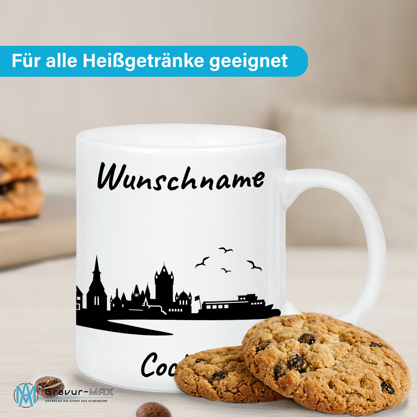 Tasse in Weiß 330ml bedruckt mit der Skyline von Cochem personalisierbar mit Wunschname