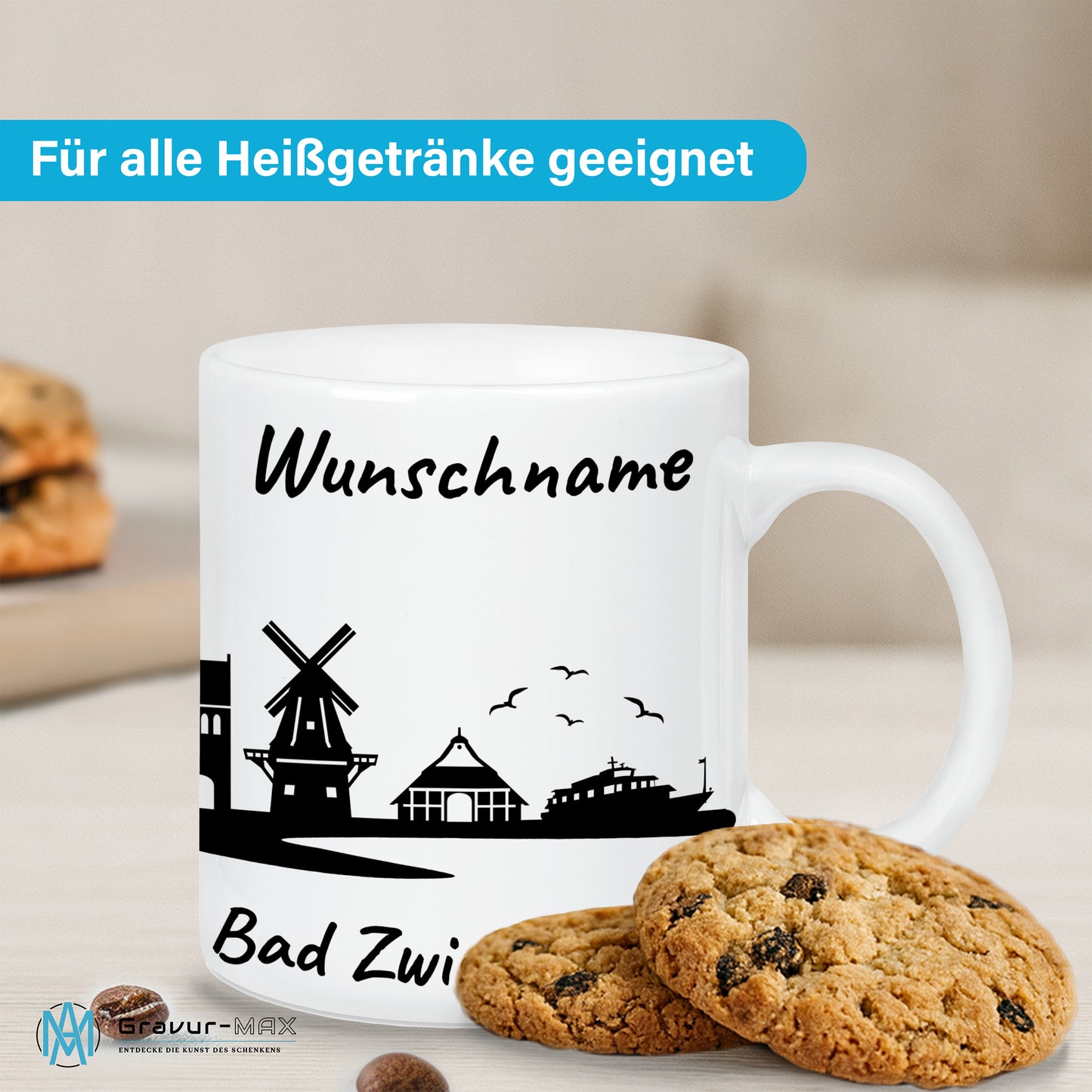 Tasse in Weiß 330ml bedruckt mit der Skyline von Bad Zwischenahn personalisierbar mit Wunschname