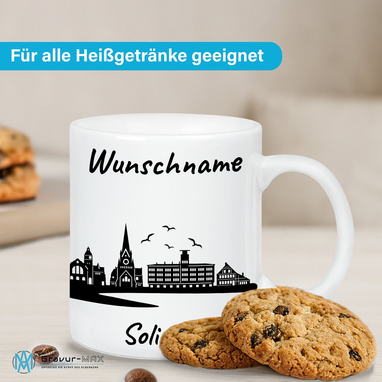 Tasse in Weiß 330ml bedruckt mit der Skyline von Solingen personalisierbar mit Wunschname