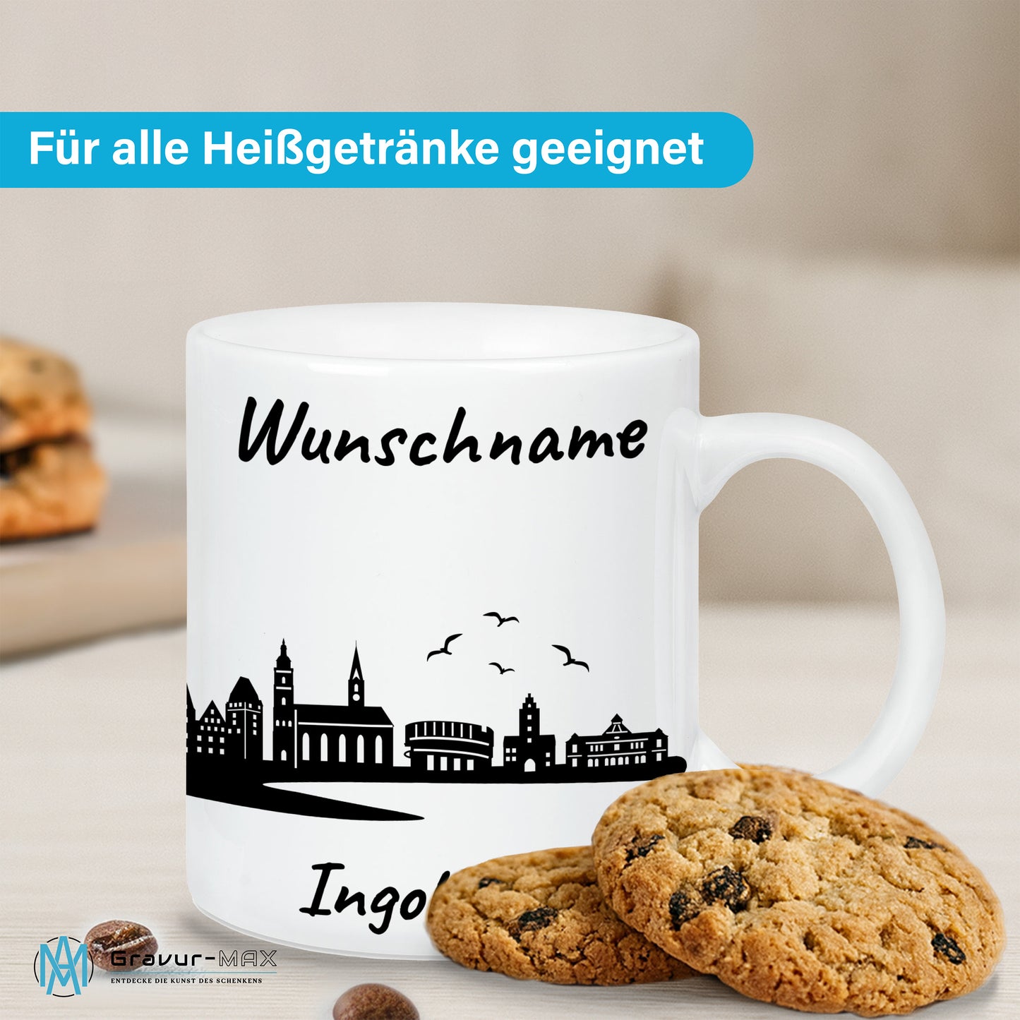 Tasse in Weiß 330ml bedruckt mit der Skyline von Ingolstadt personalisierbar mit Wunschname