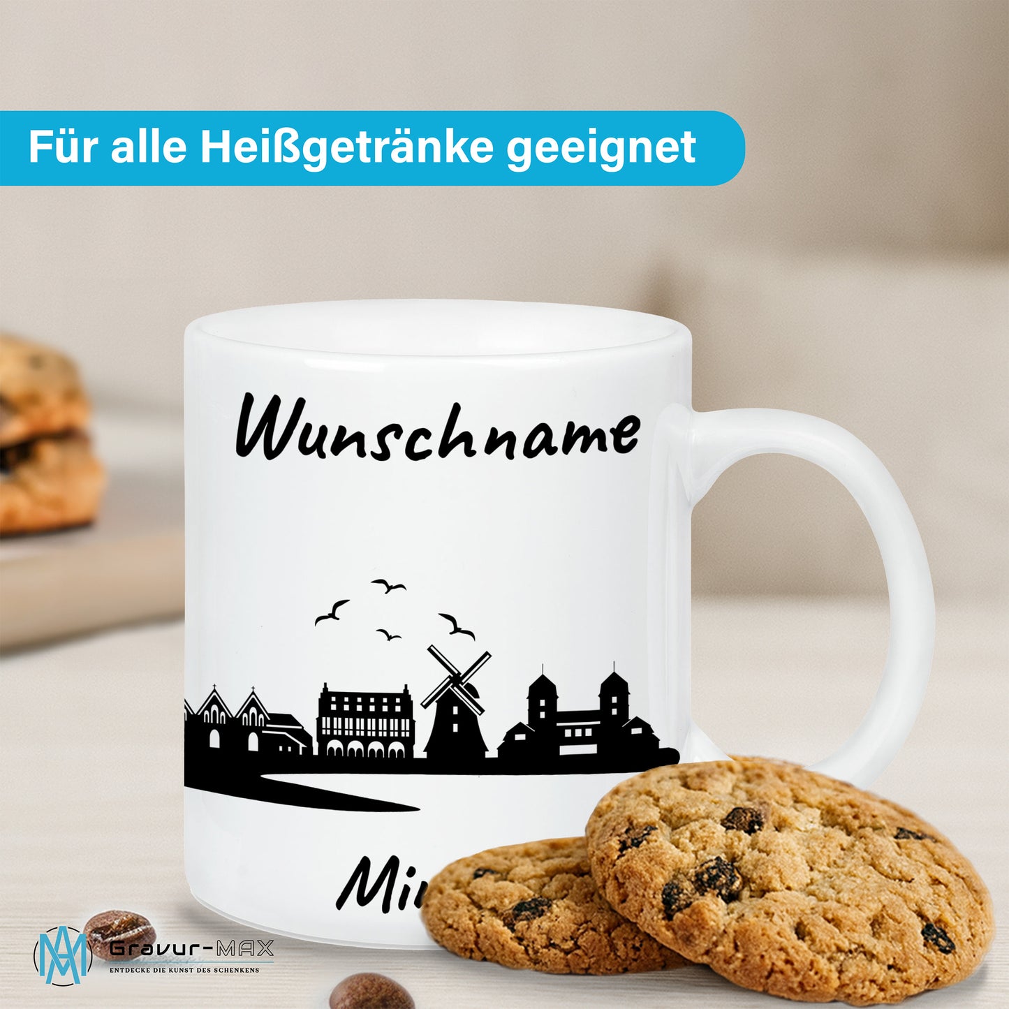 Tasse in Weiß 330ml bedruckt mit der Skyline von Minden personalisierbar mit Wunschname