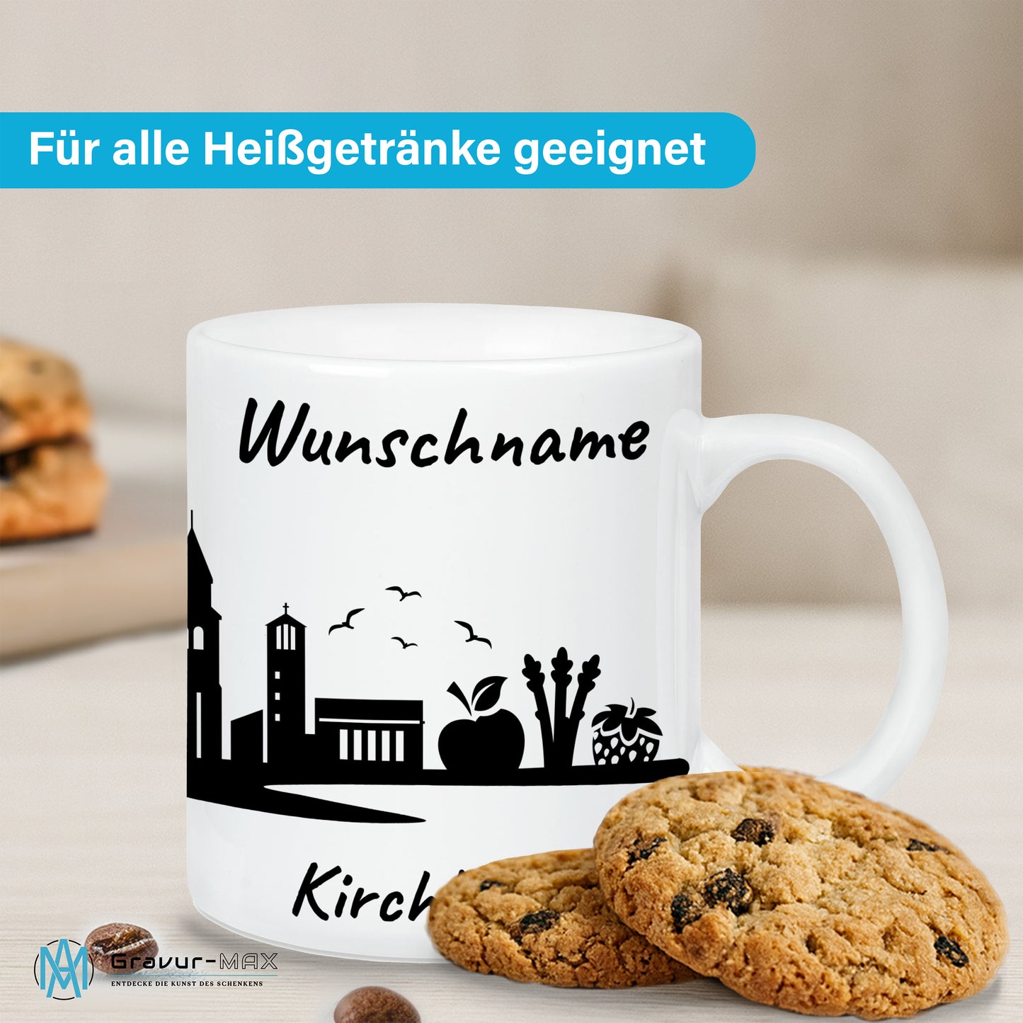 Tasse in Weiß 330ml bedruckt mit der Skyline von Kirchhellen personalisierbar mit Wunschname