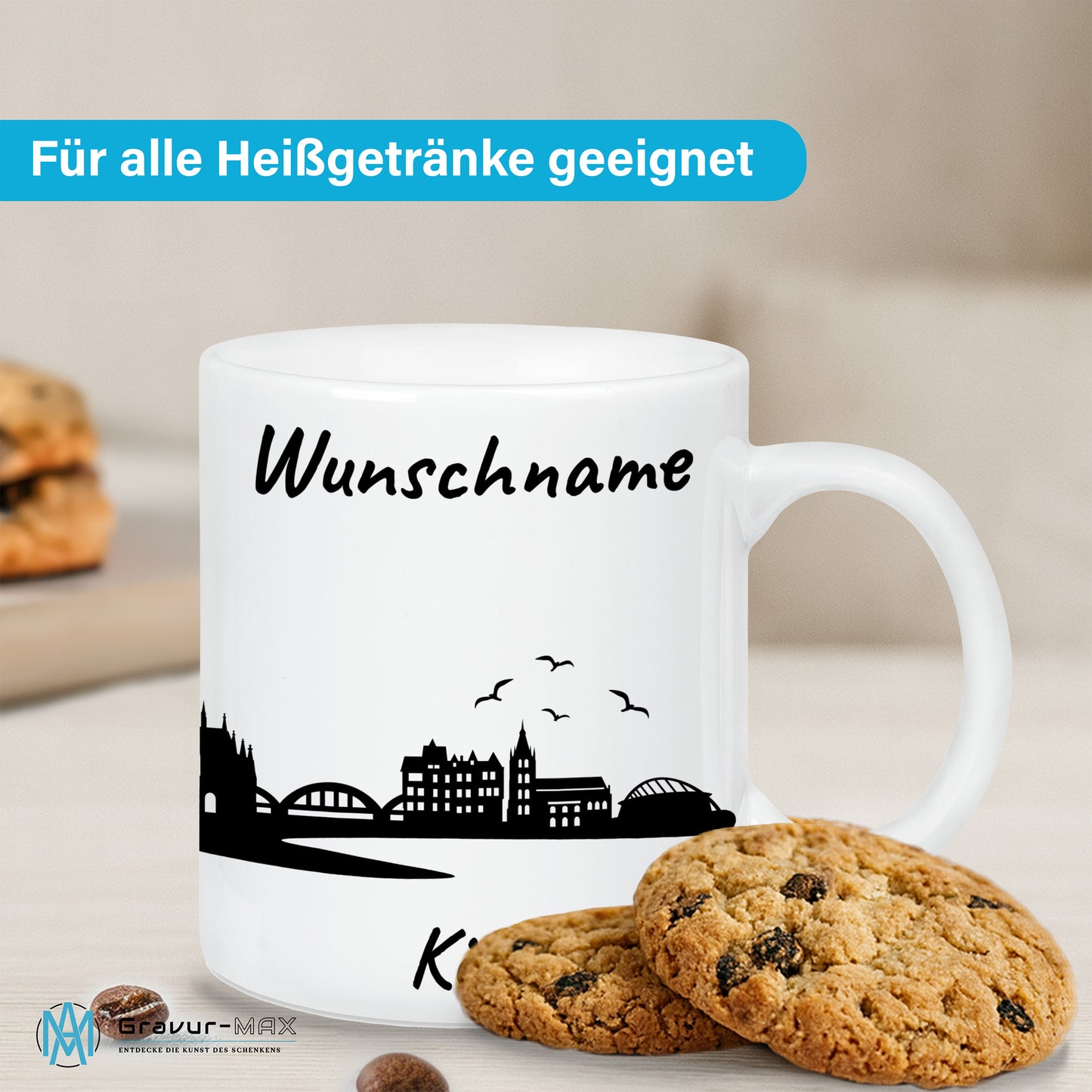 Tasse in Weiß 330ml bedruckt mit der Skyline von Köln personalisierbar mit Wunschname