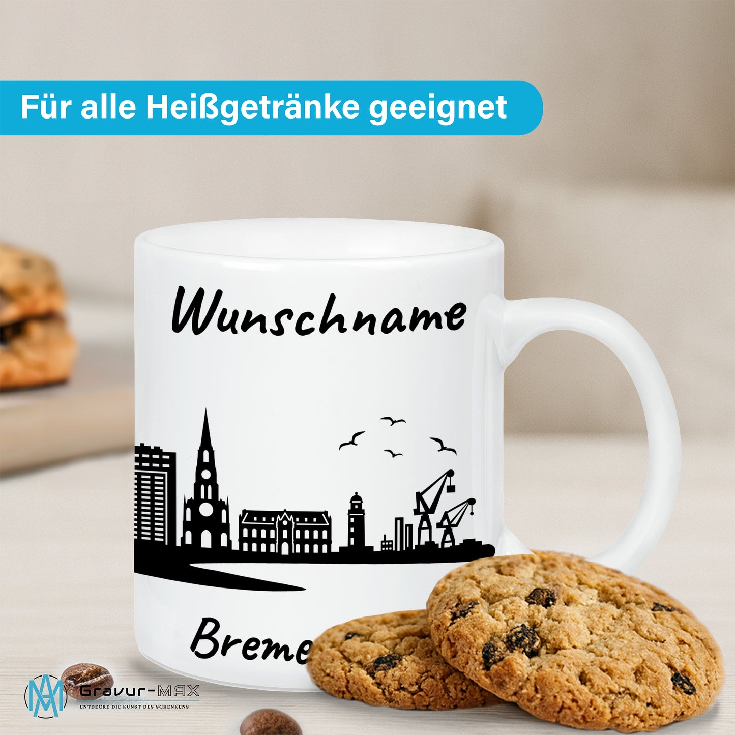 Tasse in Weiß 330ml bedruckt mit der Skyline von Bremerhaven personalisierbar mit Wunschname