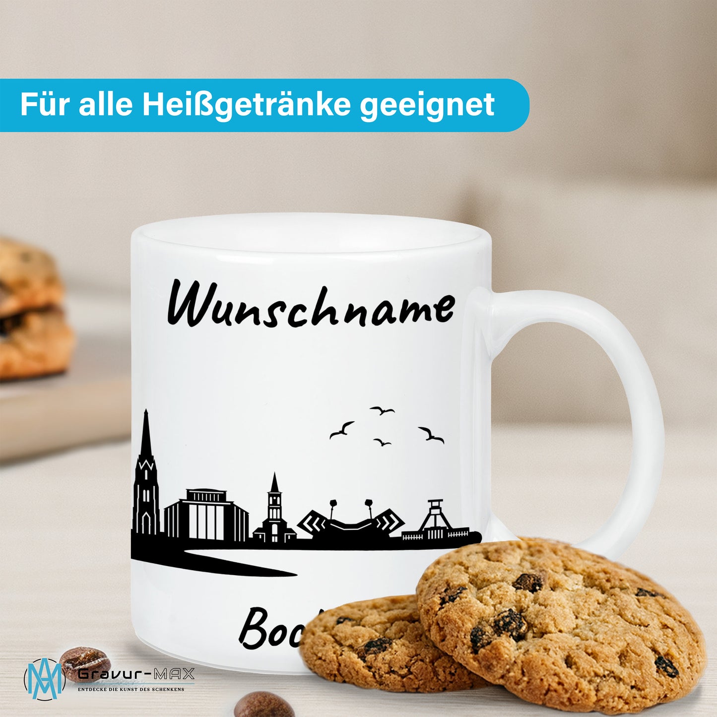 Tasse in Weiß 330ml bedruckt mit der Skyline von Bochum personalisierbar mit Wunschname