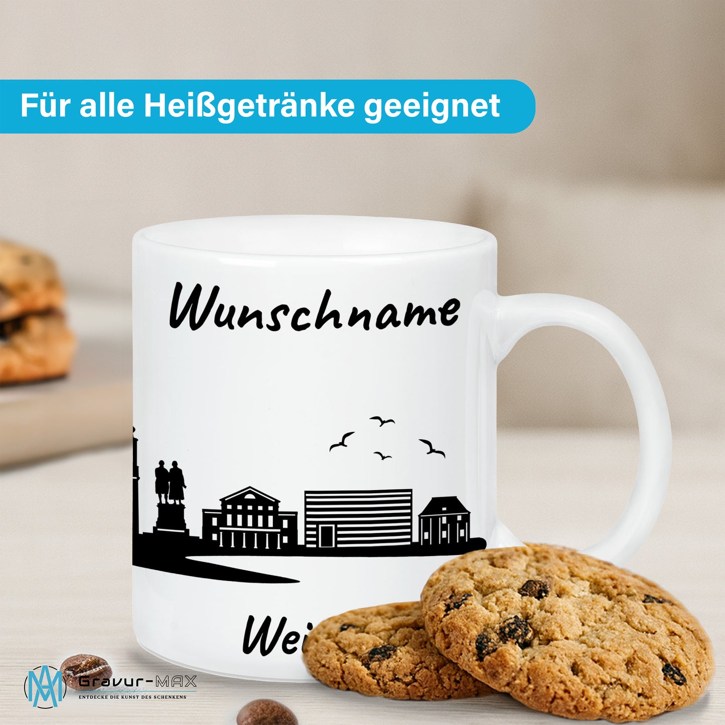 Tasse in Weiß 330ml bedruckt mit der Skyline von Weimar personalisierbar mit Wunschname
