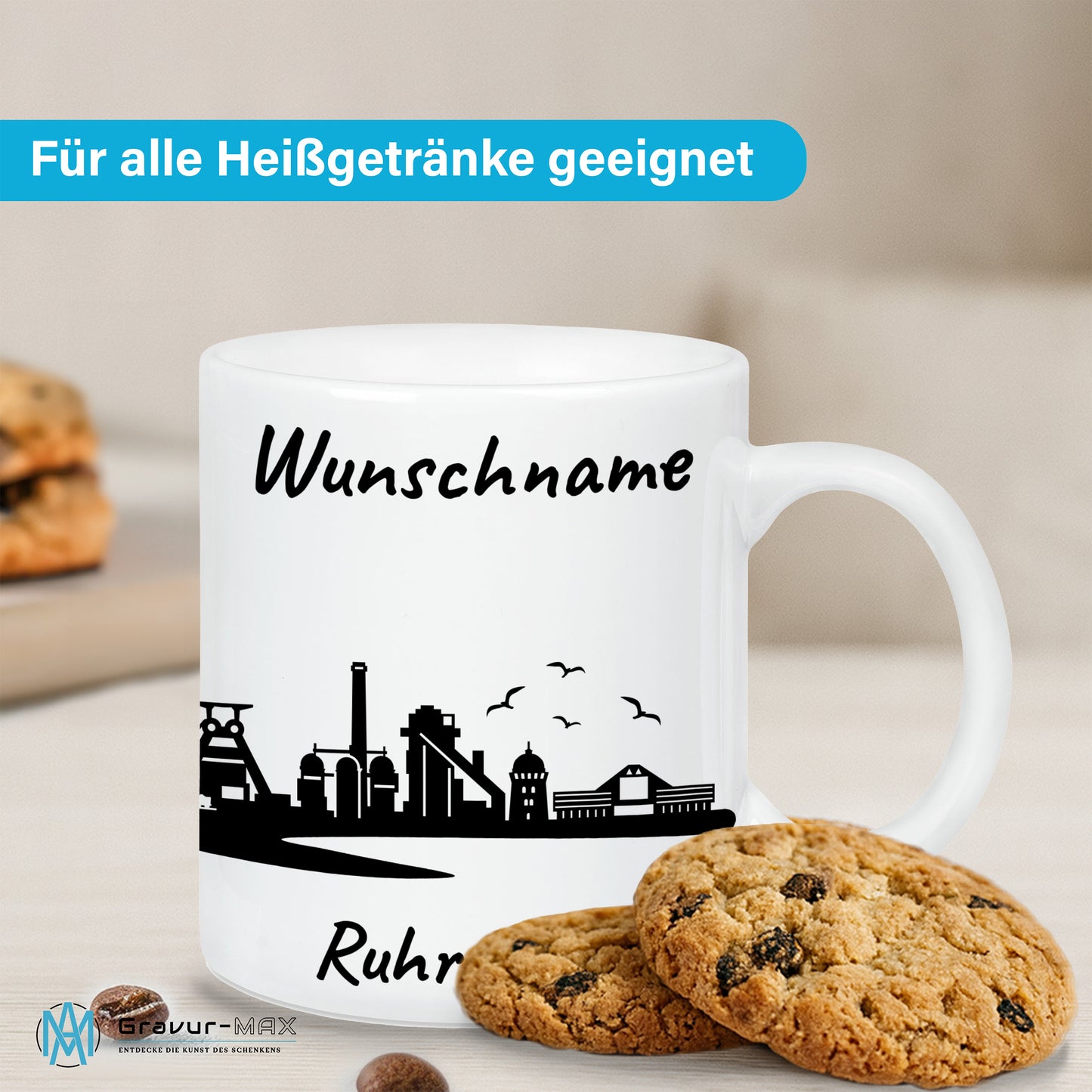Tasse in Weiß 330ml bedruckt mit der Skyline von Ruhrgebiet personalisierbar mit Wunschname