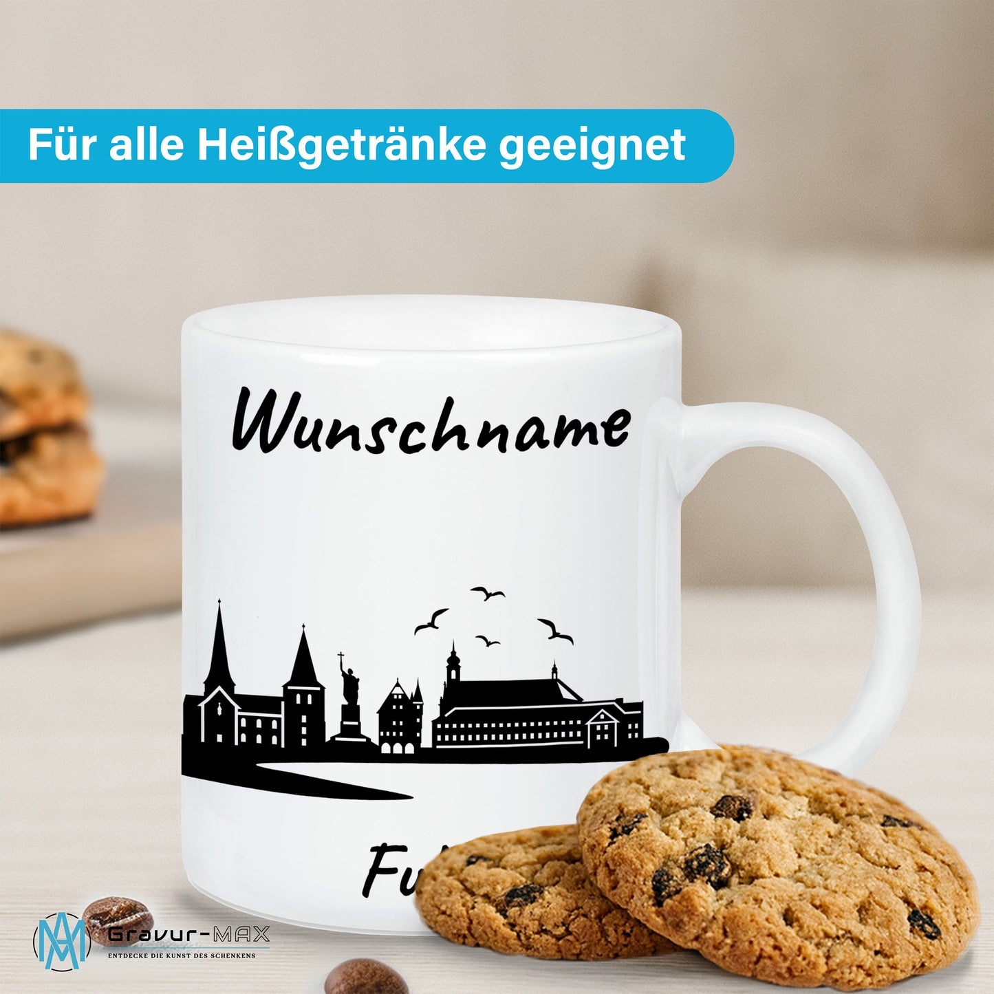 Tasse in Weiß 330ml bedruckt mit der Skyline von Fulda personalisierbar mit Wunschname