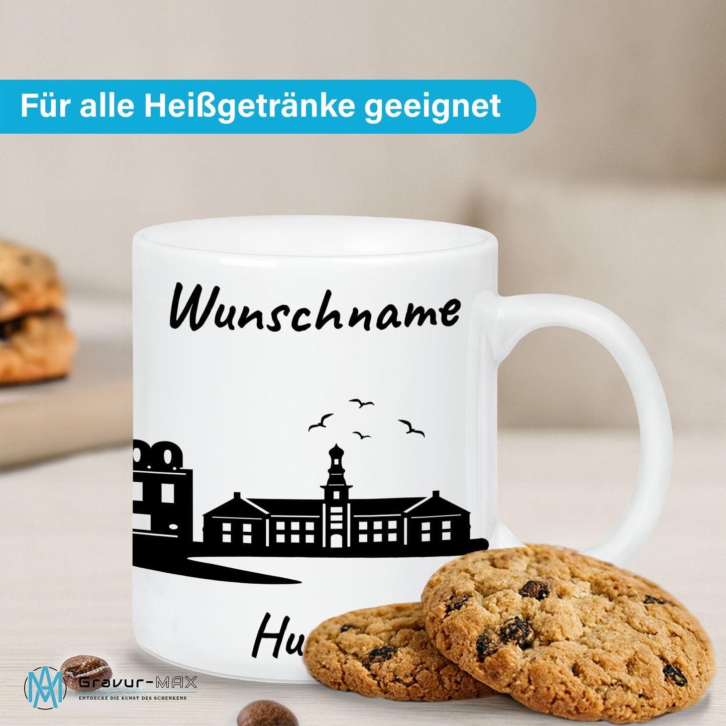 Tasse in Weiß 330ml bedruckt mit der Skyline von Husum personalisierbar mit Wunschname