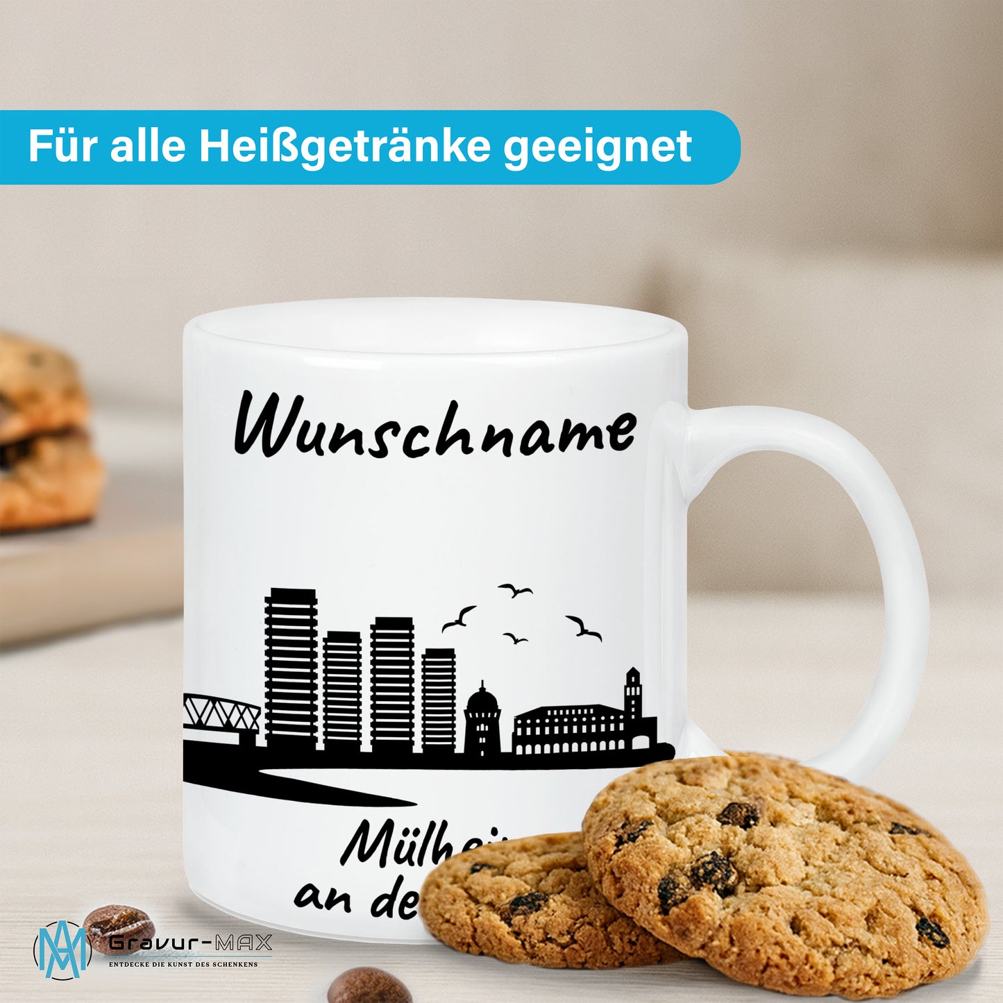 Tasse in Weiß 330ml bedruckt mit der Skyline von Mülheim an der Ruhr personalisierbar mit Wunschname