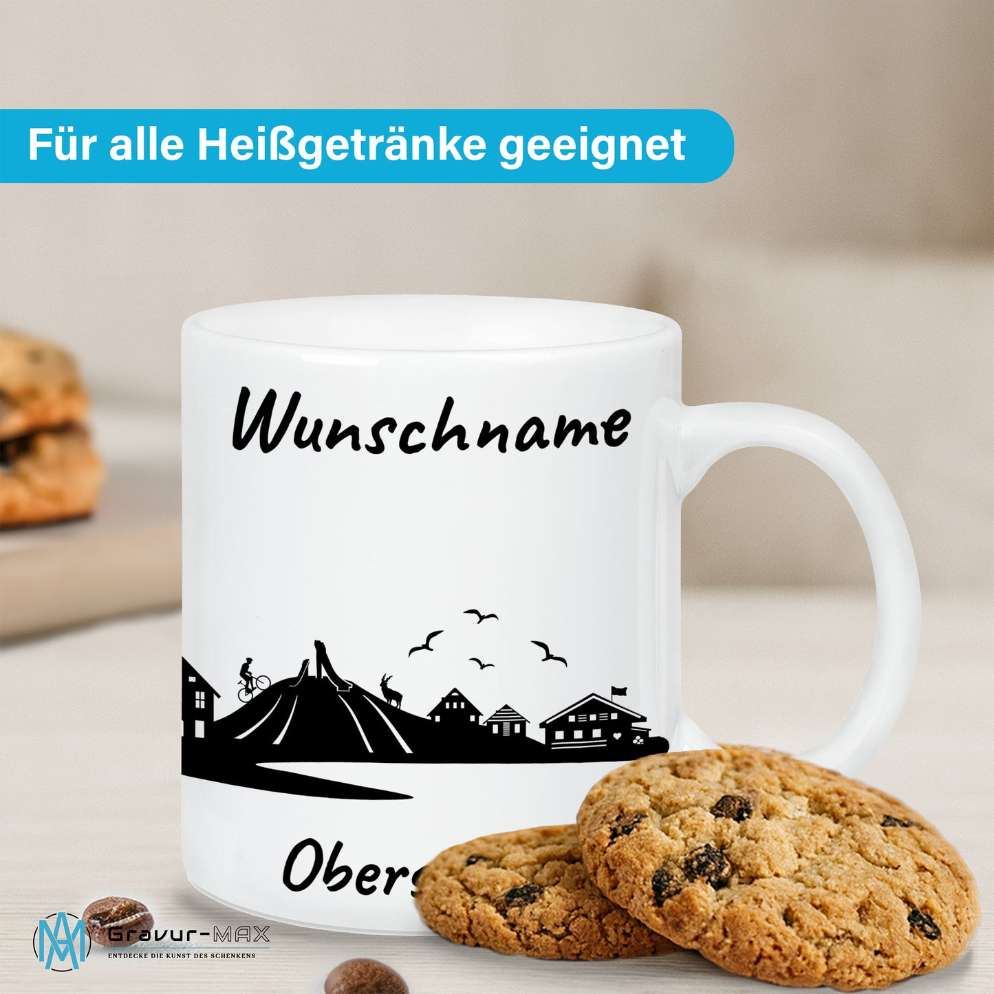 Tasse in Weiß 330ml bedruckt mit der Skyline von Oberstdorf personalisierbar mit Wunschname