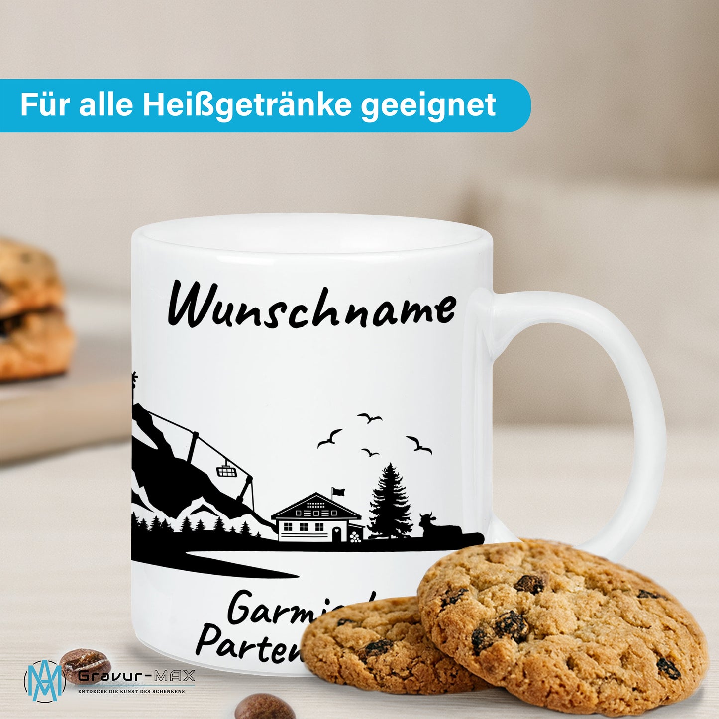 Tasse in Weiß 330ml bedruckt mit der Skyline von Garmisch-Partenkirchen personalisierbar mit Wunschname