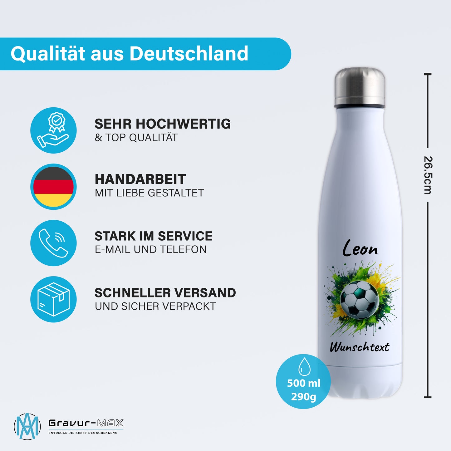 Thermoflasche 500ml in Weiß aus Edelstahl bedruckt "Fußball" Motiv11 personalisierbar mit Wunschname & Text