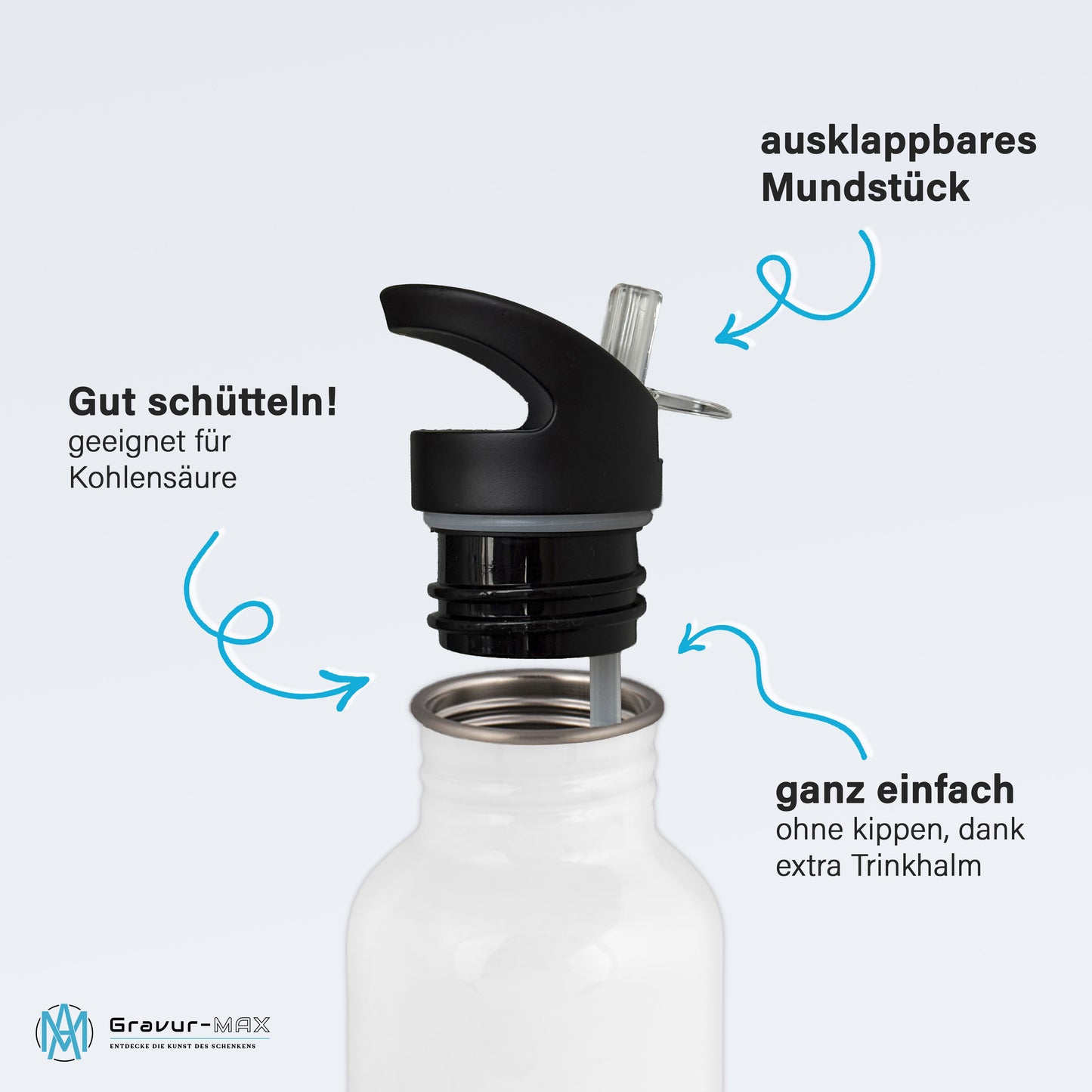 Trinkflasche mit Strohhalm in Weiß 600ml bedruckt mit Fußball Motiven"Motiv5" personalisierbar für Kinder mit Wunschname aus Edelstahl