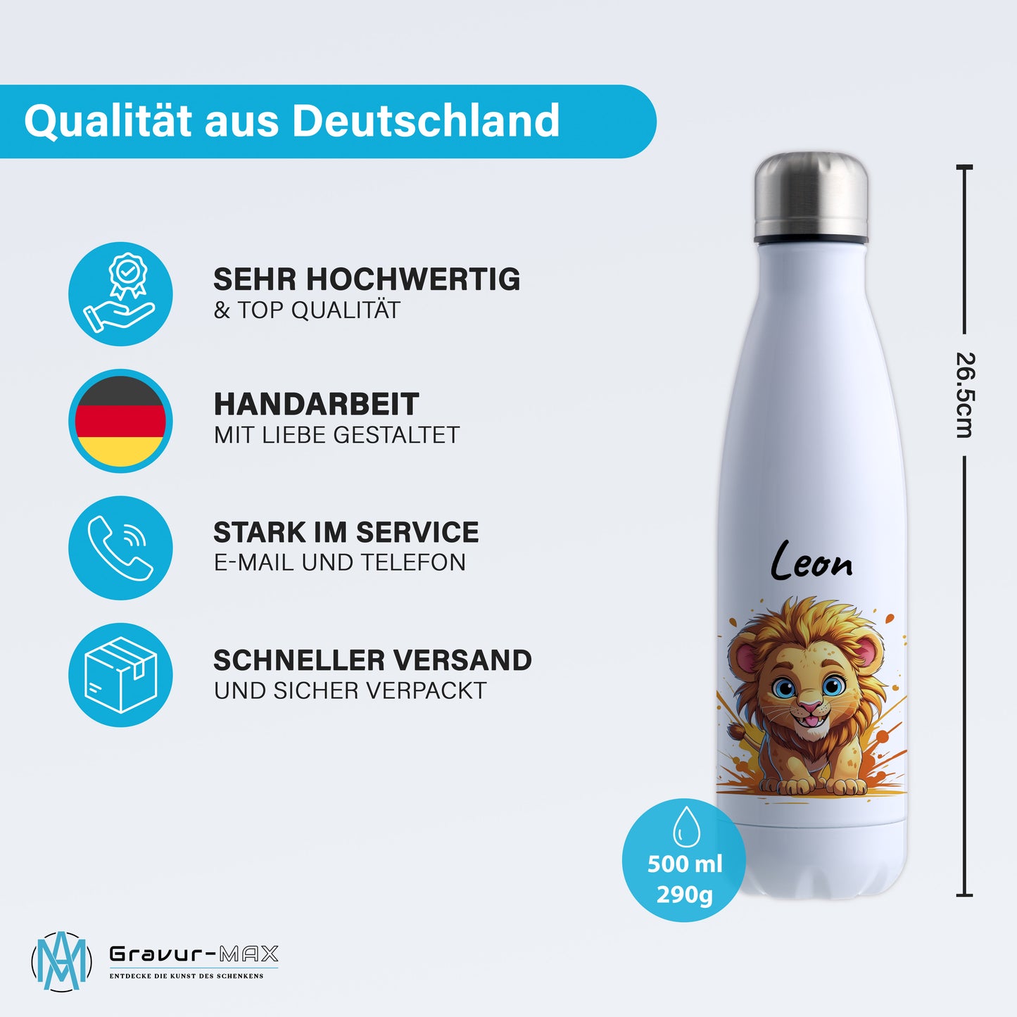 Trinkflasche in Weiß 500ml aus Edelstahl bedruckt mit niedlichen Tieren "Löwe" personalisierbar für Kinder mit Wunschname
