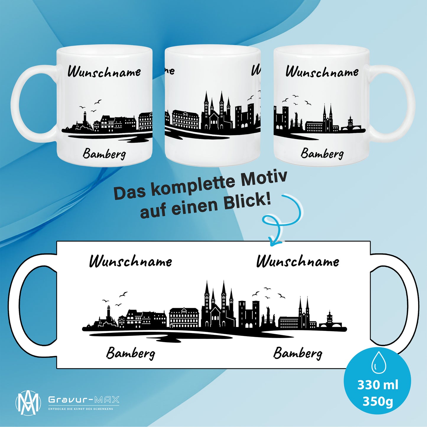 Tasse in Weiß 330ml bedruckt mit der Skyline von Bamberg personalisierbar mit Wunschname