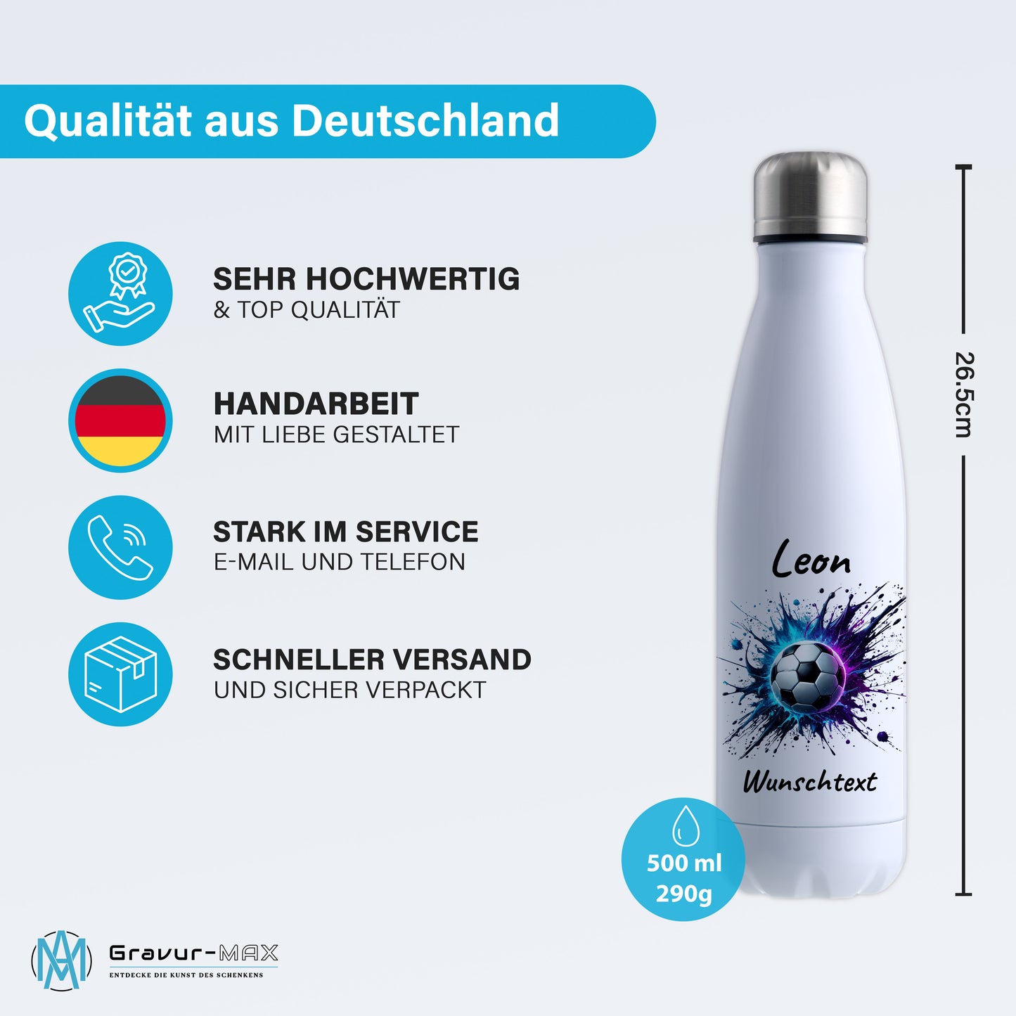 Thermoflasche 500ml in Weiß aus Edelstahl bedruckt "Fußball" Motiv10 personalisierbar mit Wunschname & Text