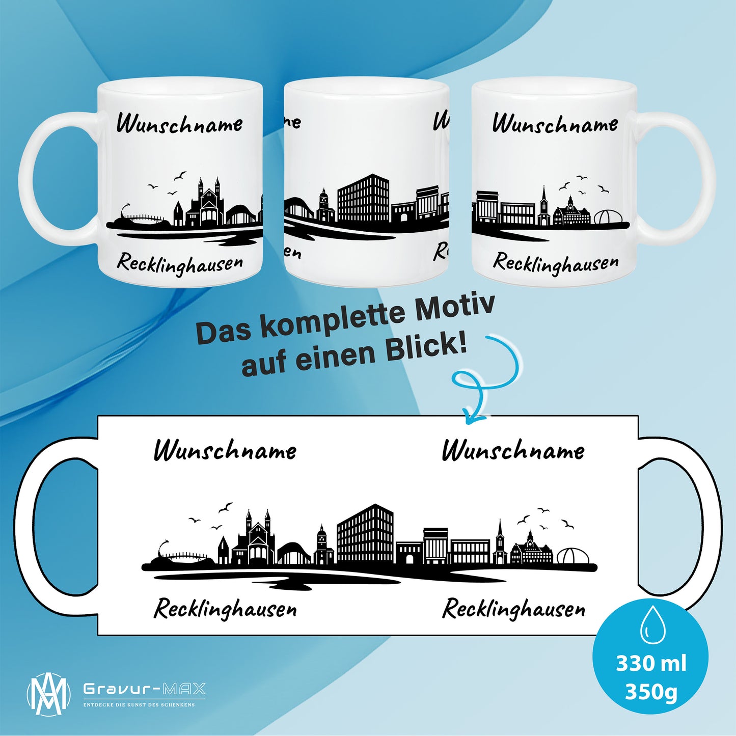 Tasse in Weiß 330ml bedruckt mit der Skyline von Recklinghausen personalisierbar mit Wunschname