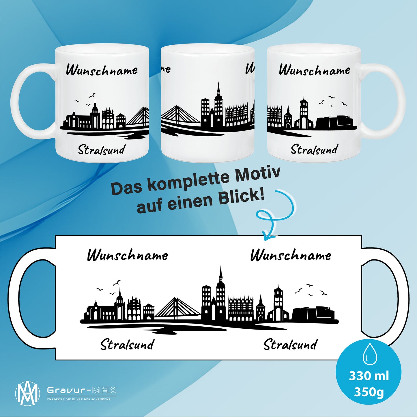 Tasse in Weiß 330ml bedruckt mit der Skyline von Stralsund personalisierbar mit Wunschname