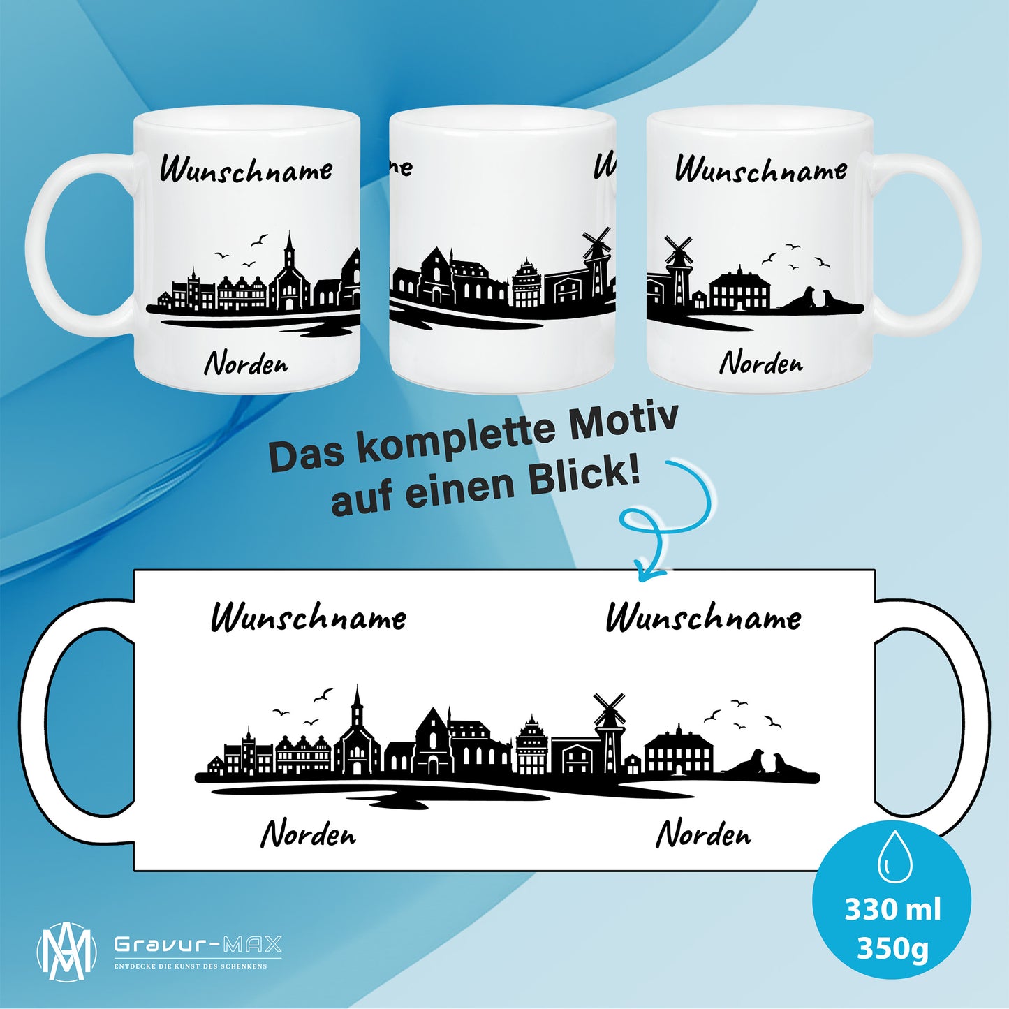 Tasse in Weiß 330ml bedruckt mit der Skyline von Norden personalisierbar mit Wunschname