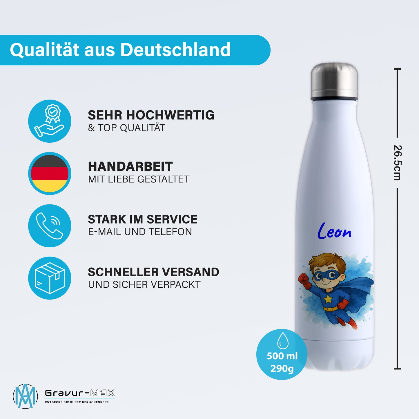 Thermoflasche 500ml in Weiß bedruckt mit tollen Motiven für Kinder "Superheld" personalisierbar mit Wunschname