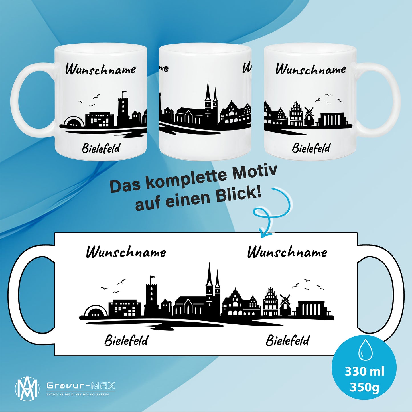 Tasse in Weiß 330ml bedruckt mit der Skyline von Bielefeld personalisierbar mit Wunschname