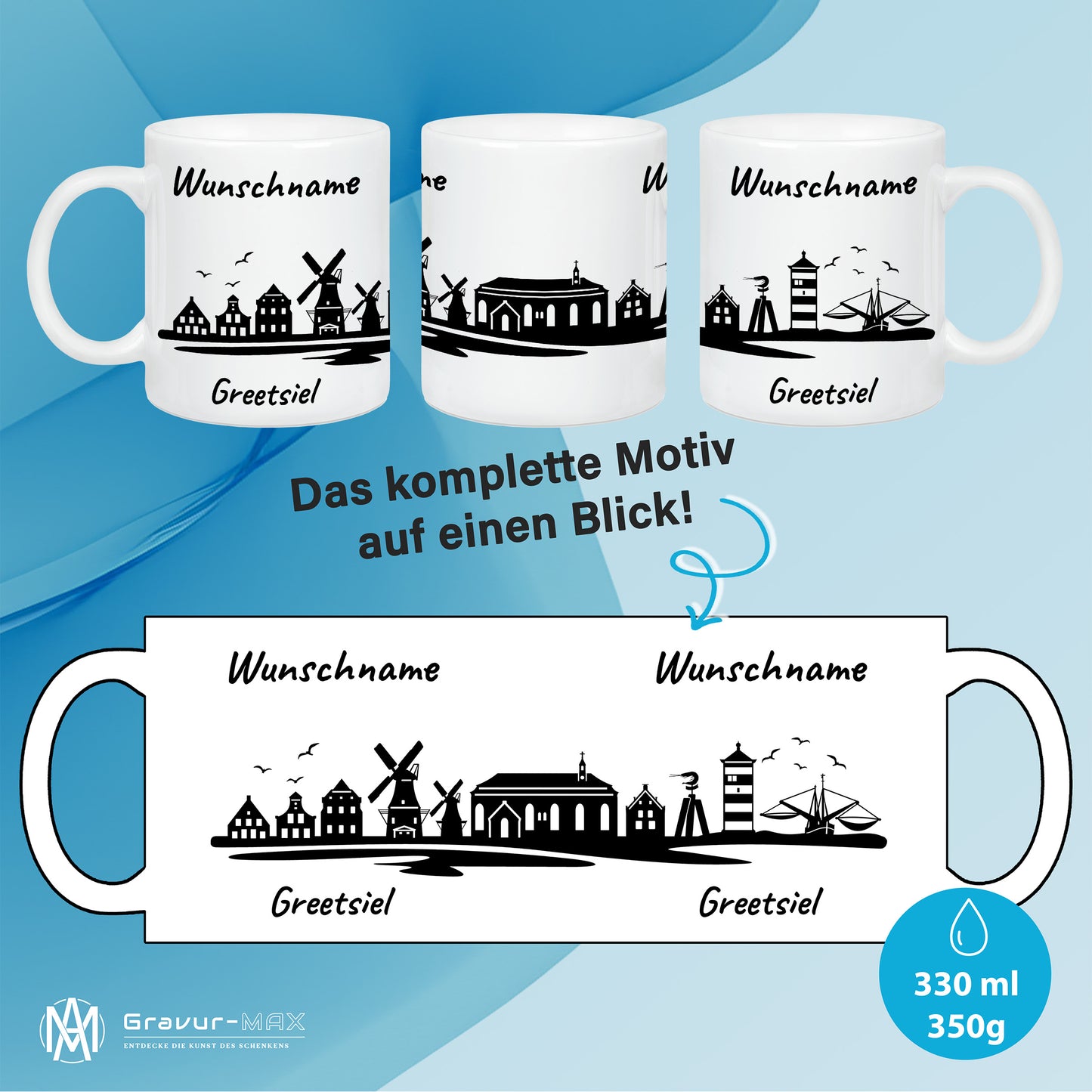 Tasse in Weiß 330ml bedruckt mit der Skyline von Greetsiel personalisierbar mit Wunschname