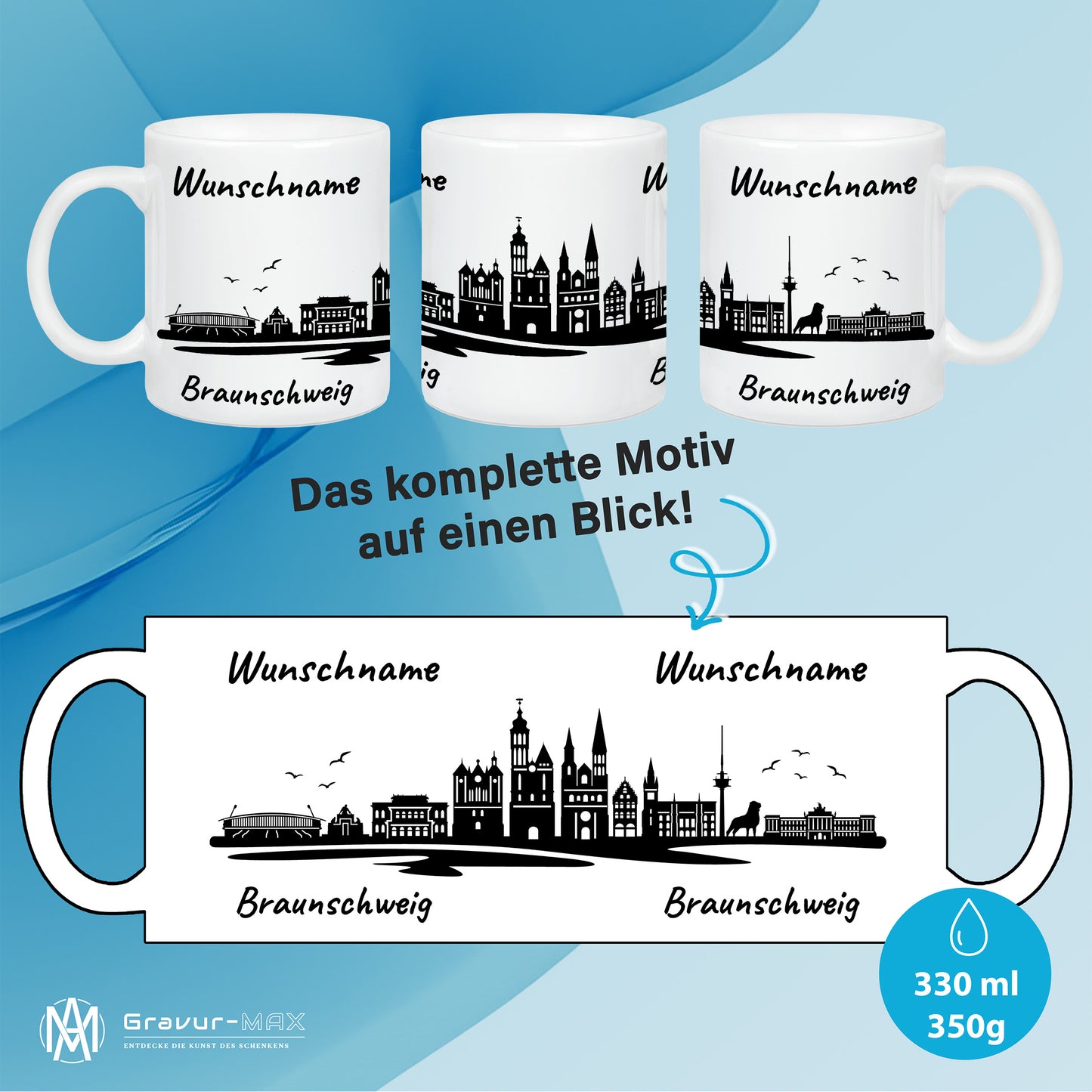 Tasse in Weiß 330ml bedruckt mit der Skyline von Braunschweig personalisierbar mit Wunschname