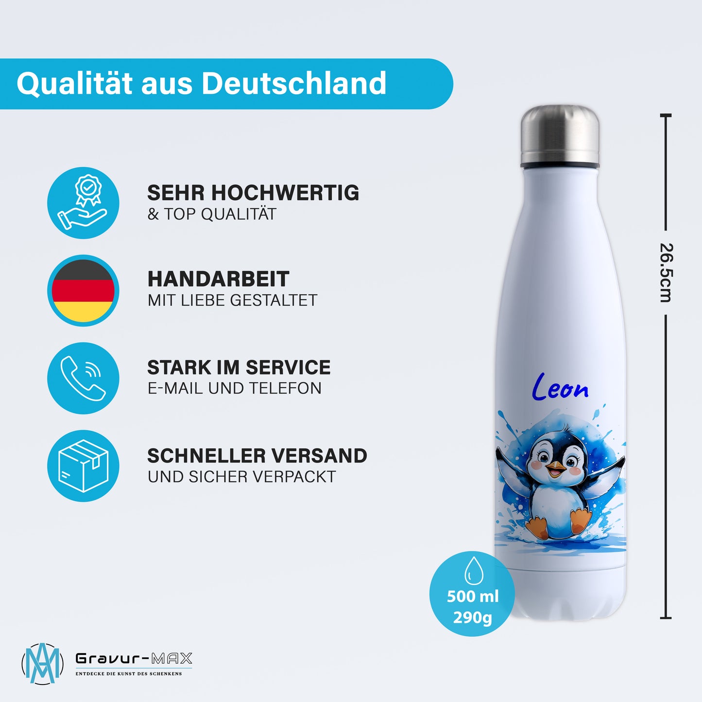 Trinkflasche in Weiß 500ml aus Edelstahl bedruckt mit niedlichen Tieren "Pinguin" personalisierbar für Kinder mit Wunschname