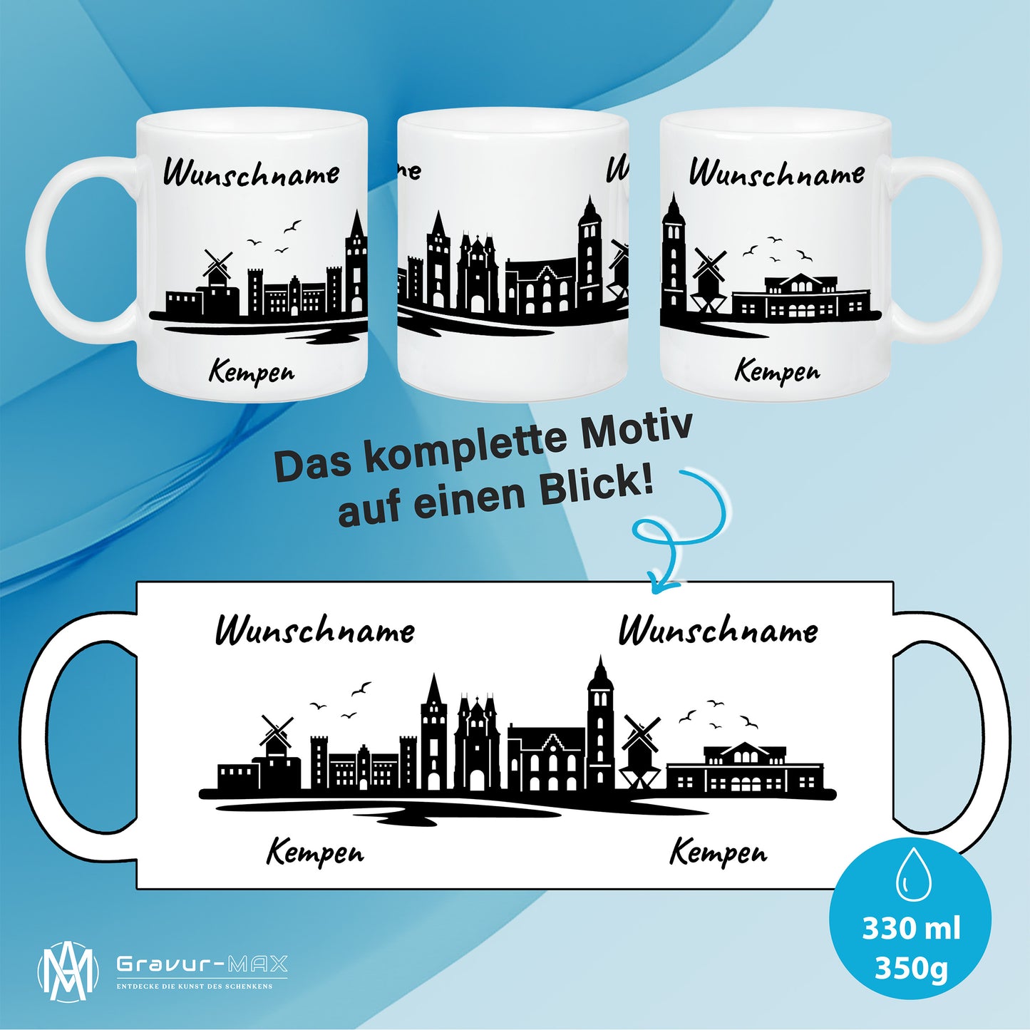 Tasse in Weiß 330ml bedruckt mit der Skyline von Kempen personalisierbar mit Wunschname