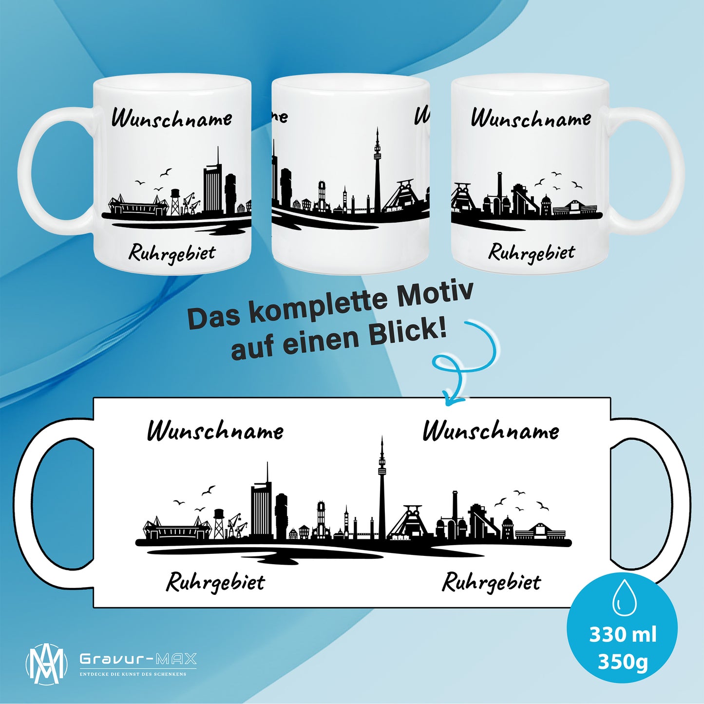 Tasse in Weiß 330ml bedruckt mit der Skyline von Ruhrgebiet personalisierbar mit Wunschname