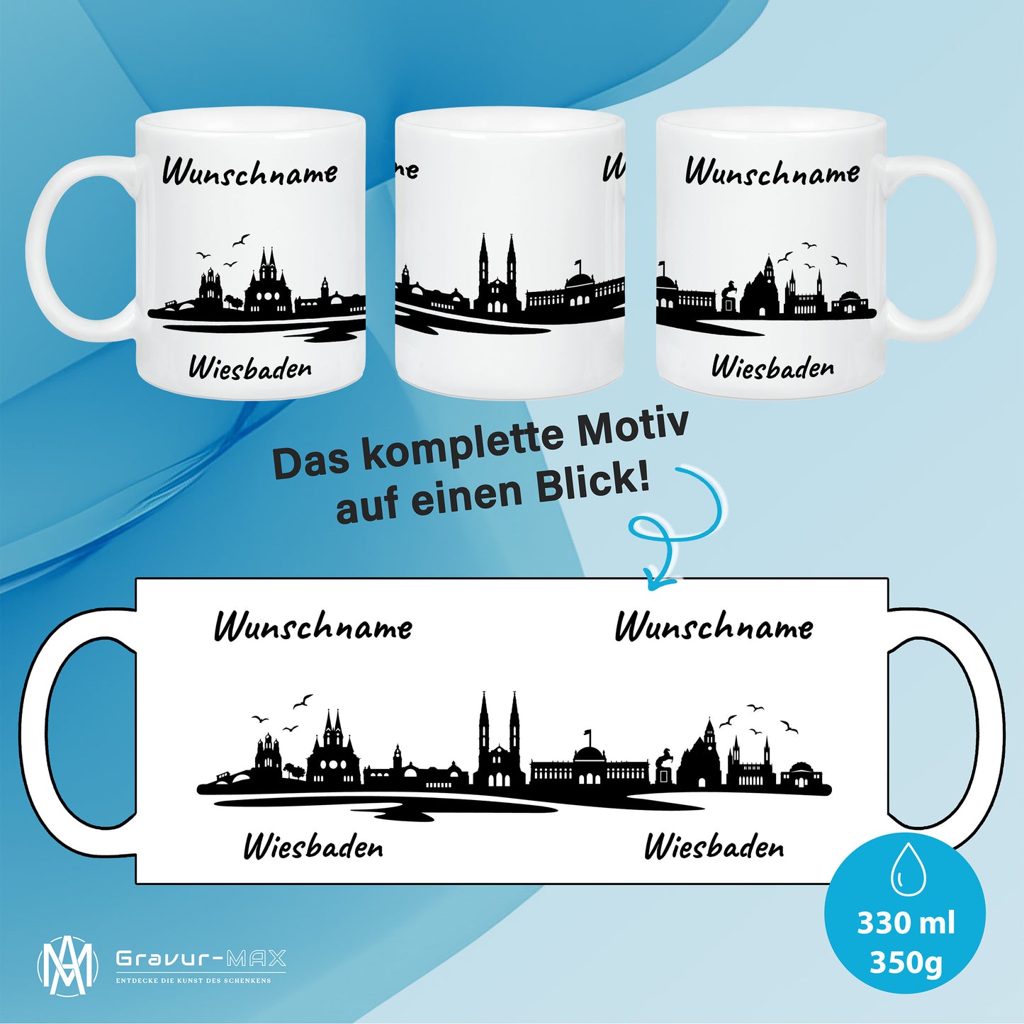 Tasse in Weiß 330ml bedruckt mit der Skyline von Wiesbaden personalisierbar mit Wunschname