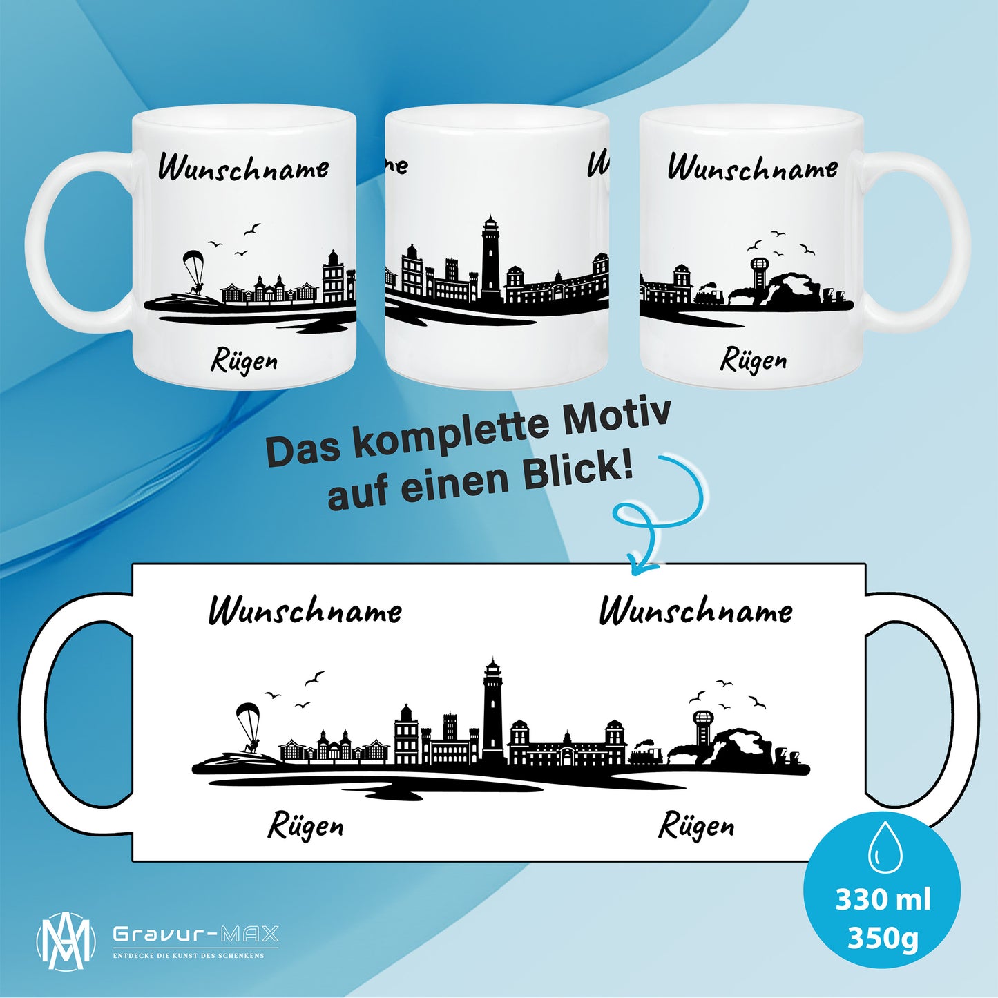 Tasse in Weiß 330ml bedruckt mit der Skyline von Rügen personalisierbar mit Wunschname