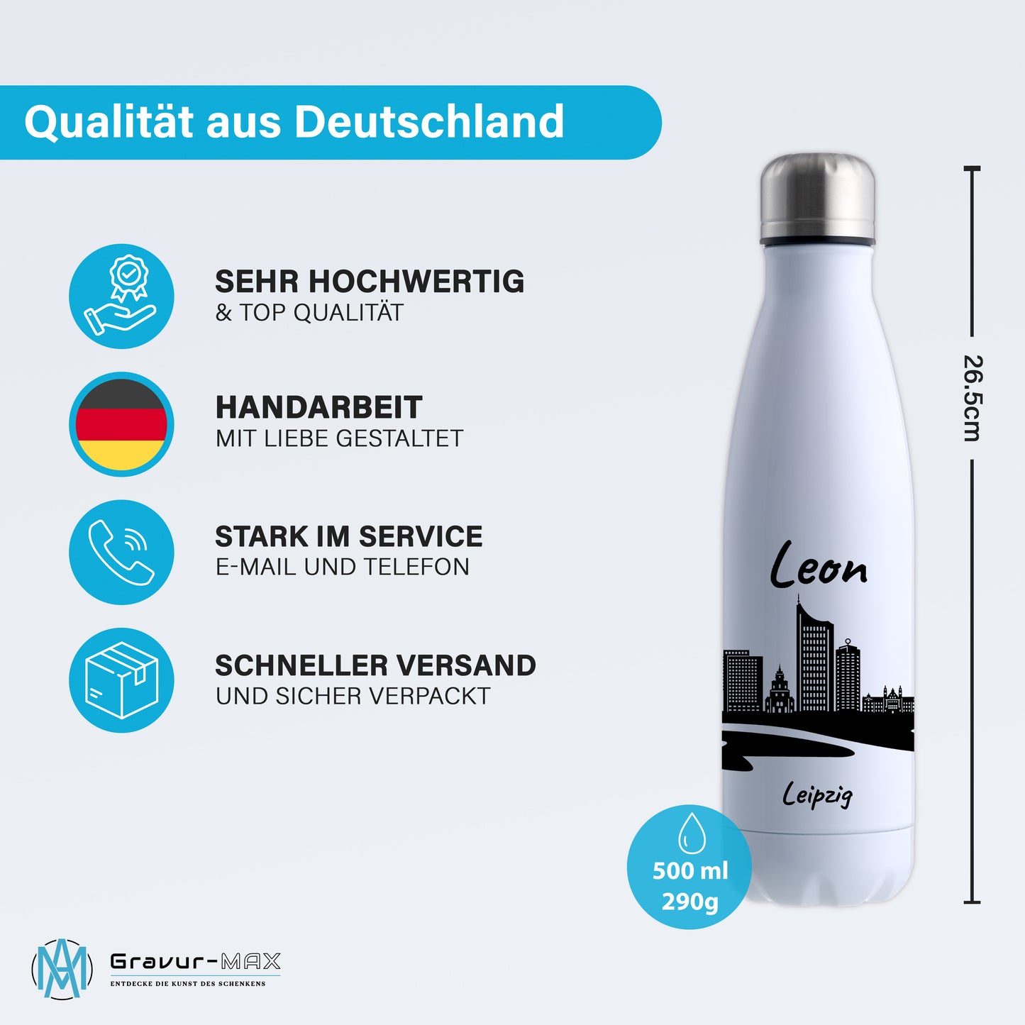 Trinkflasche in Weiß 500ml aus Edelstahl bedruckt mit der Skyline von Leipzig personalisierbar mit Wunschname