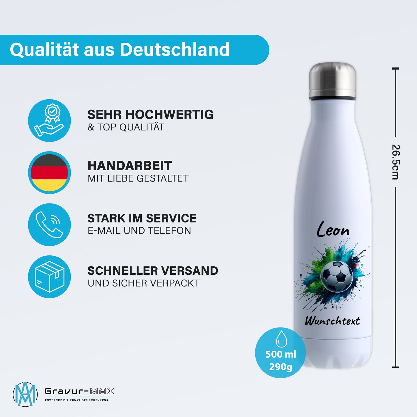 Thermoflasche 500ml in Weiß aus Edelstahl bedruckt "Fußball" Motiv8 personalisierbar mit Wunschname & Text