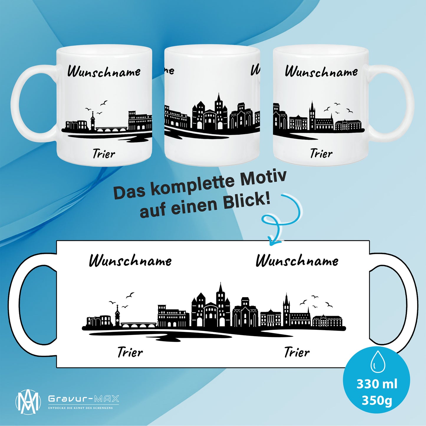 Tasse in Weiß 330ml bedruckt mit der Skyline von Trier personalisierbar mit Wunschname