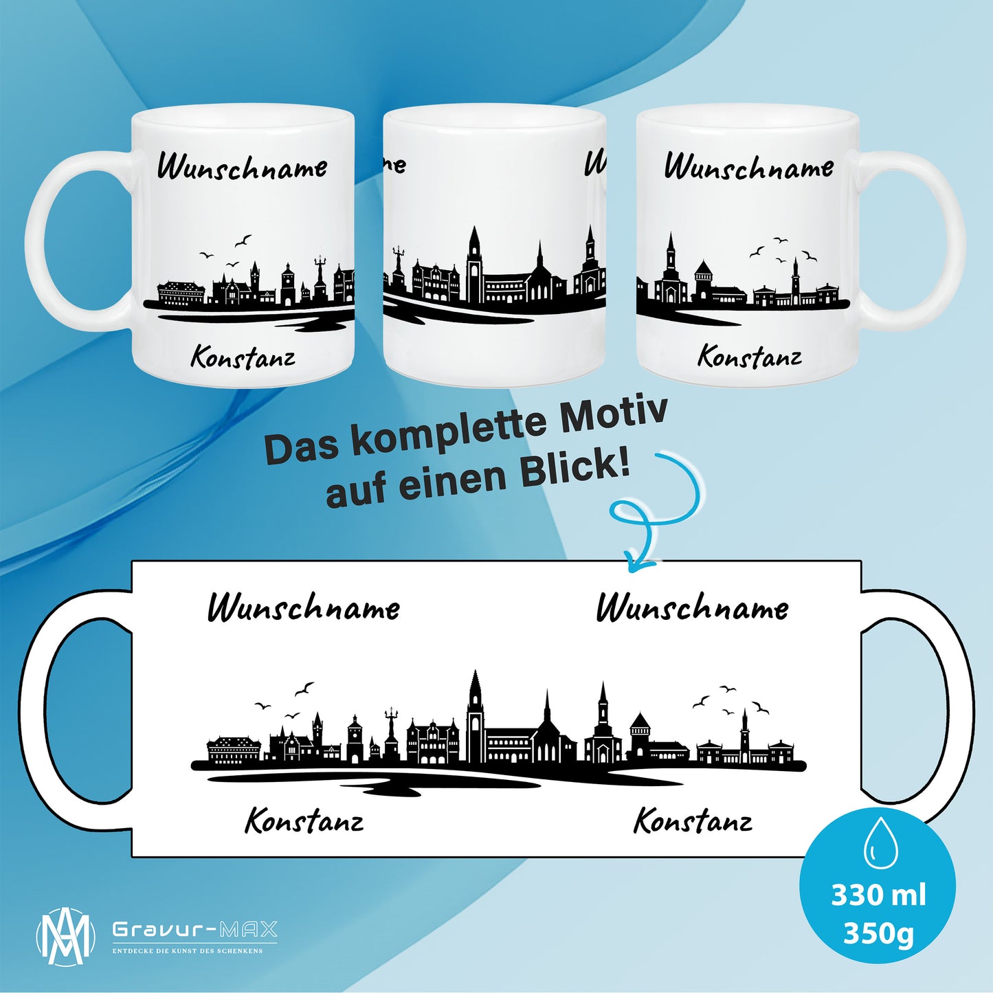 Tasse in Weiß 330ml bedruckt mit der Skyline von Konstanz personalisierbar mit Wunschname