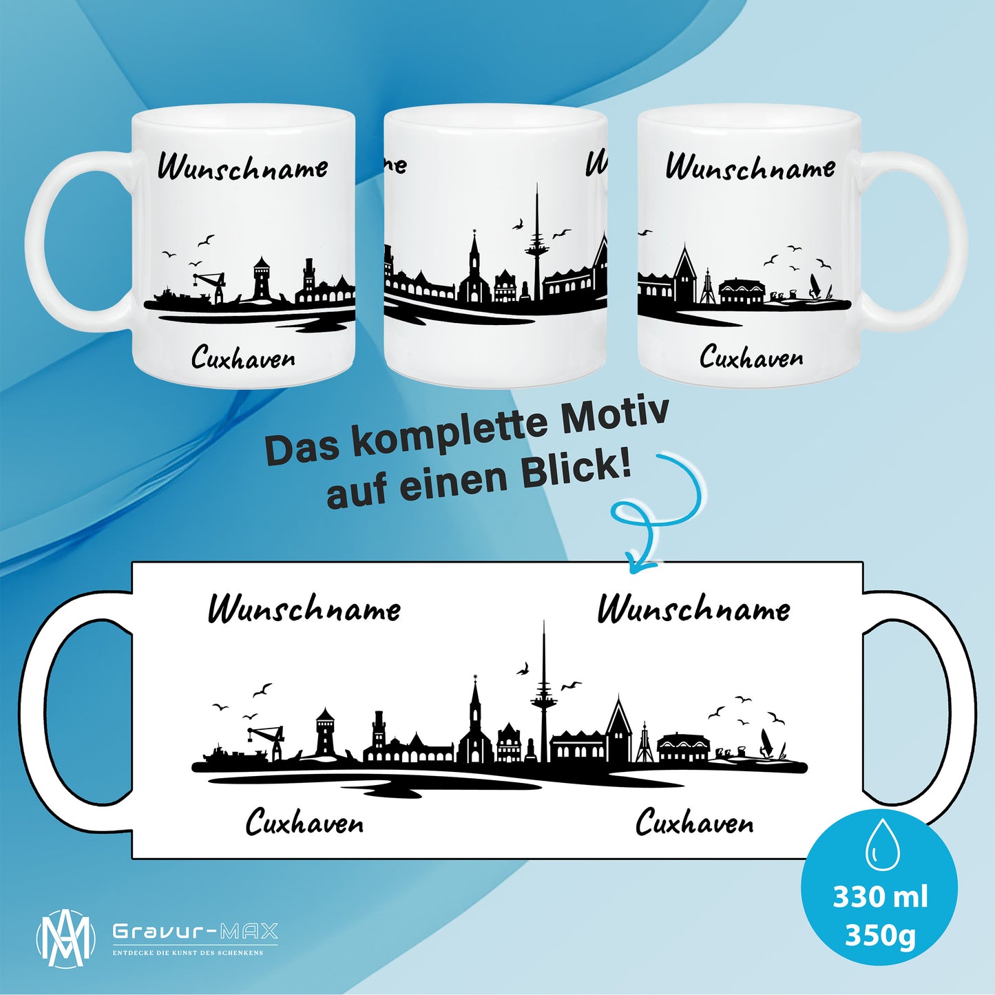 Tasse in Weiß 330ml bedruckt mit der Skyline von Cuxhaven personalisierbar mit Wunschname