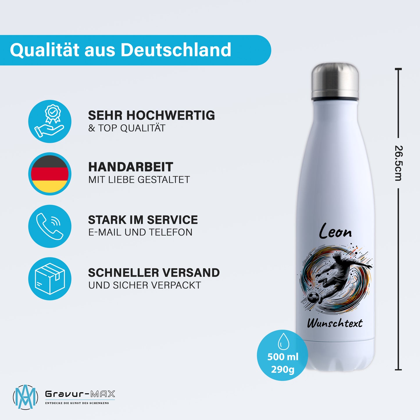 Thermoflasche 500ml in Weiß aus Edelstahl bedruckt "Fußball" Motiv1 personalisierbar mit Wunschname & Text