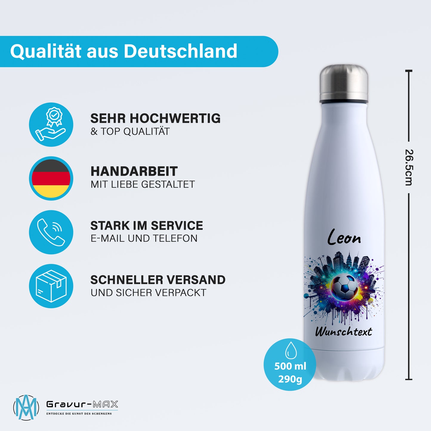 Thermoflasche 500ml in Weiß aus Edelstahl bedruckt "Fußball" Motiv7 personalisierbar mit Wunschname & Text