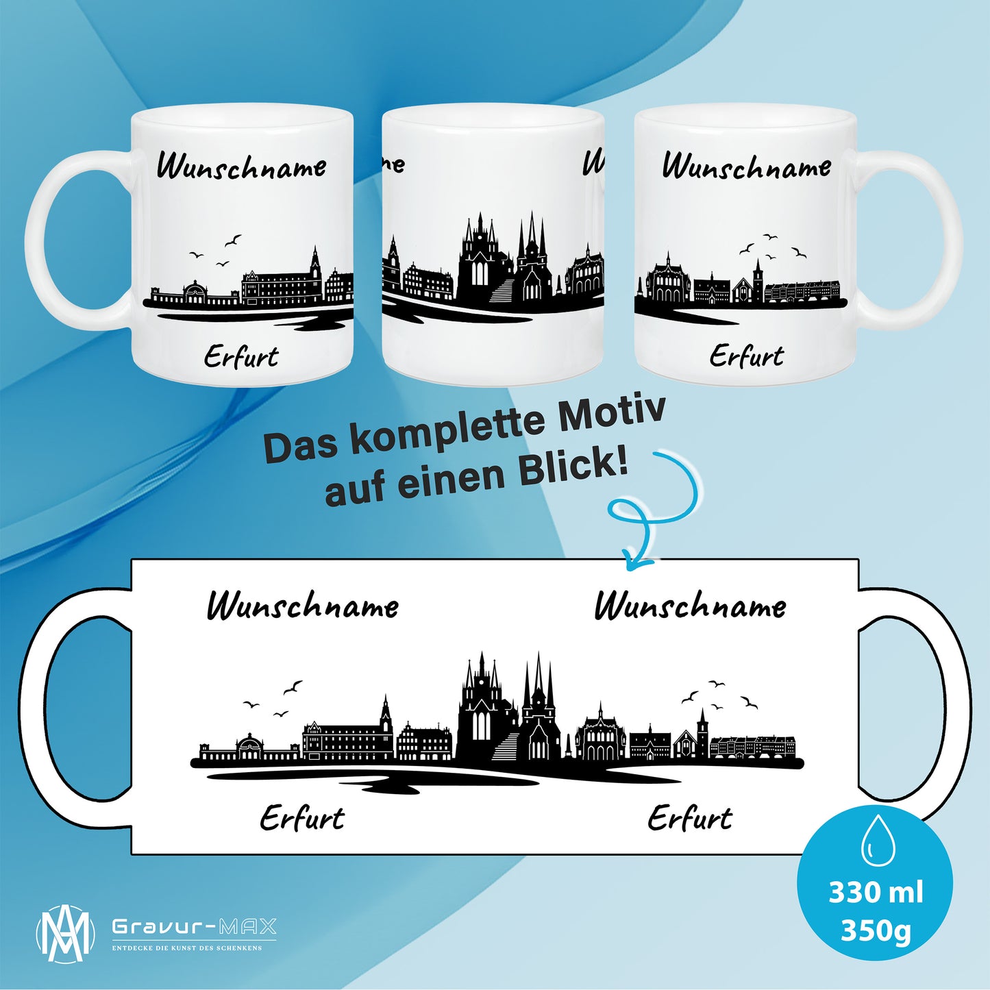 Tasse in Weiß 330ml bedruckt mit der Skyline von Erfurt personalisierbar mit Wunschname
