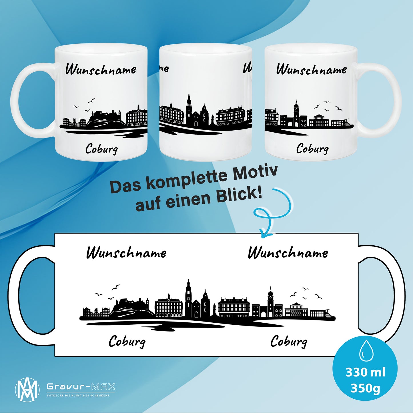 Tasse in Weiß 330ml bedruckt mit der Skyline von Coburg personalisierbar mit Wunschname